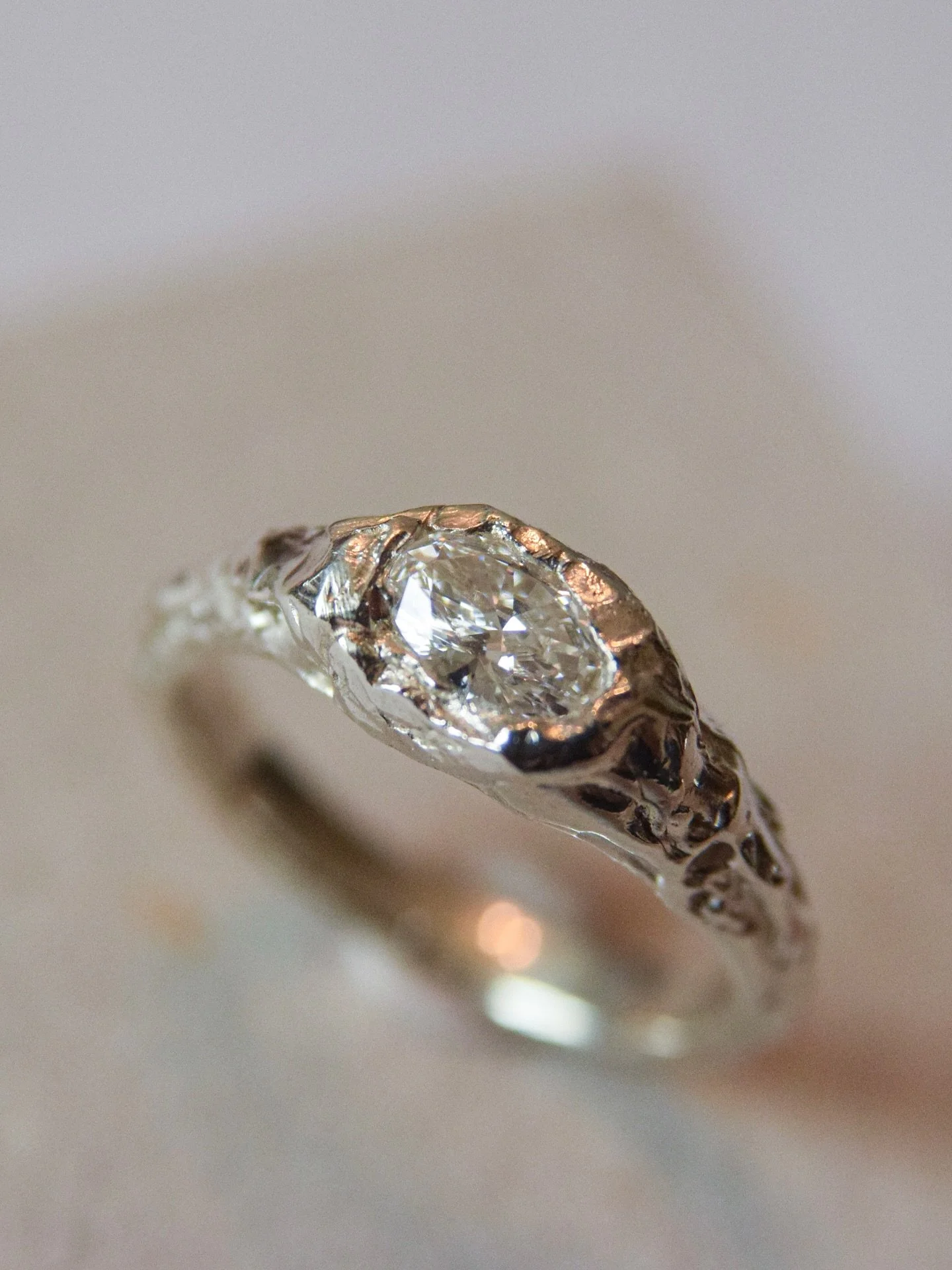 Reaaaaaaaally loved this ring ~ 

A gorgeous oval diamond set organically in white gold - the stone looks as though it&rsquo;s peeking through rock, almost as if it was still in the earth.

To commission your dream piece, email hello@franceskirk.co.u