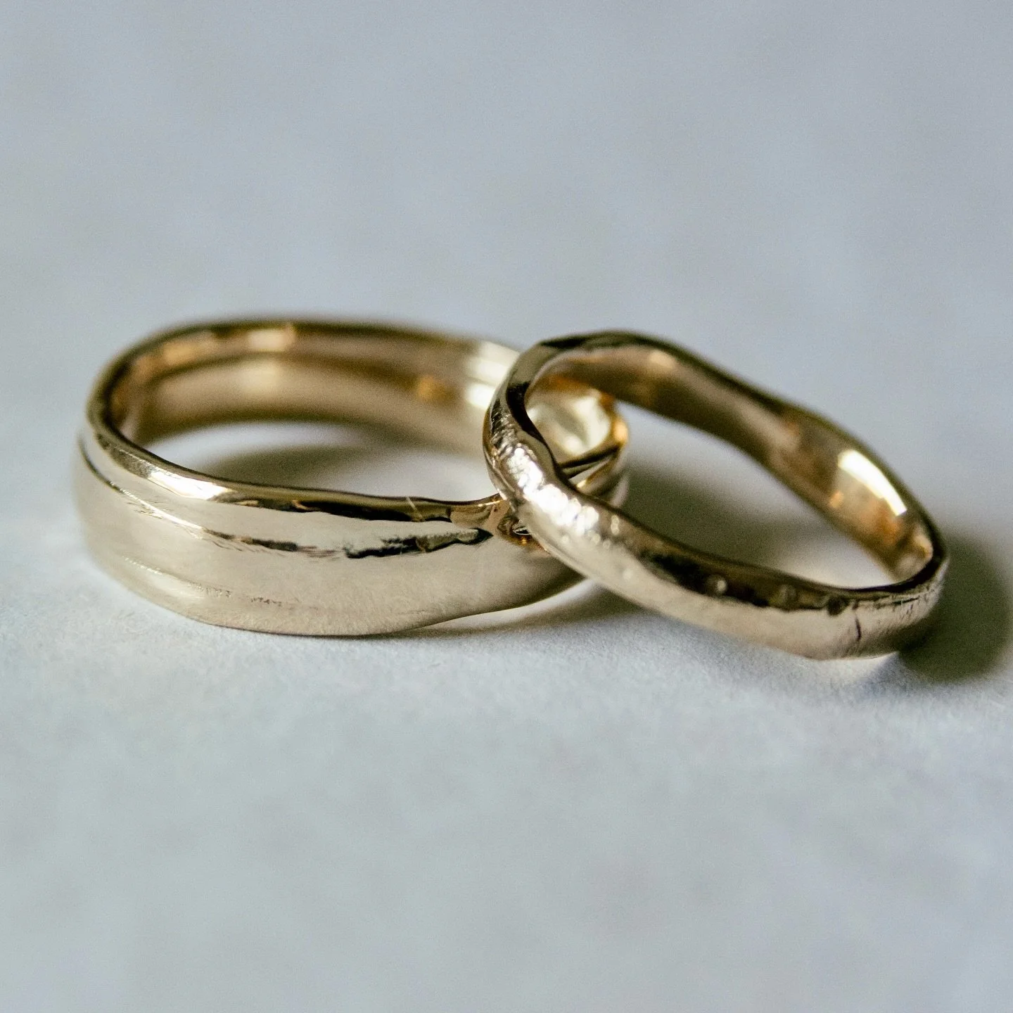 Sharing some pretty special wedding rings today - ours! 
Obsessed with the wibbles, the organic textures, the imperfect edges and the heavy weight to them. Rings to be worn forever, to live full lives, to see us through ups and downs and to weather