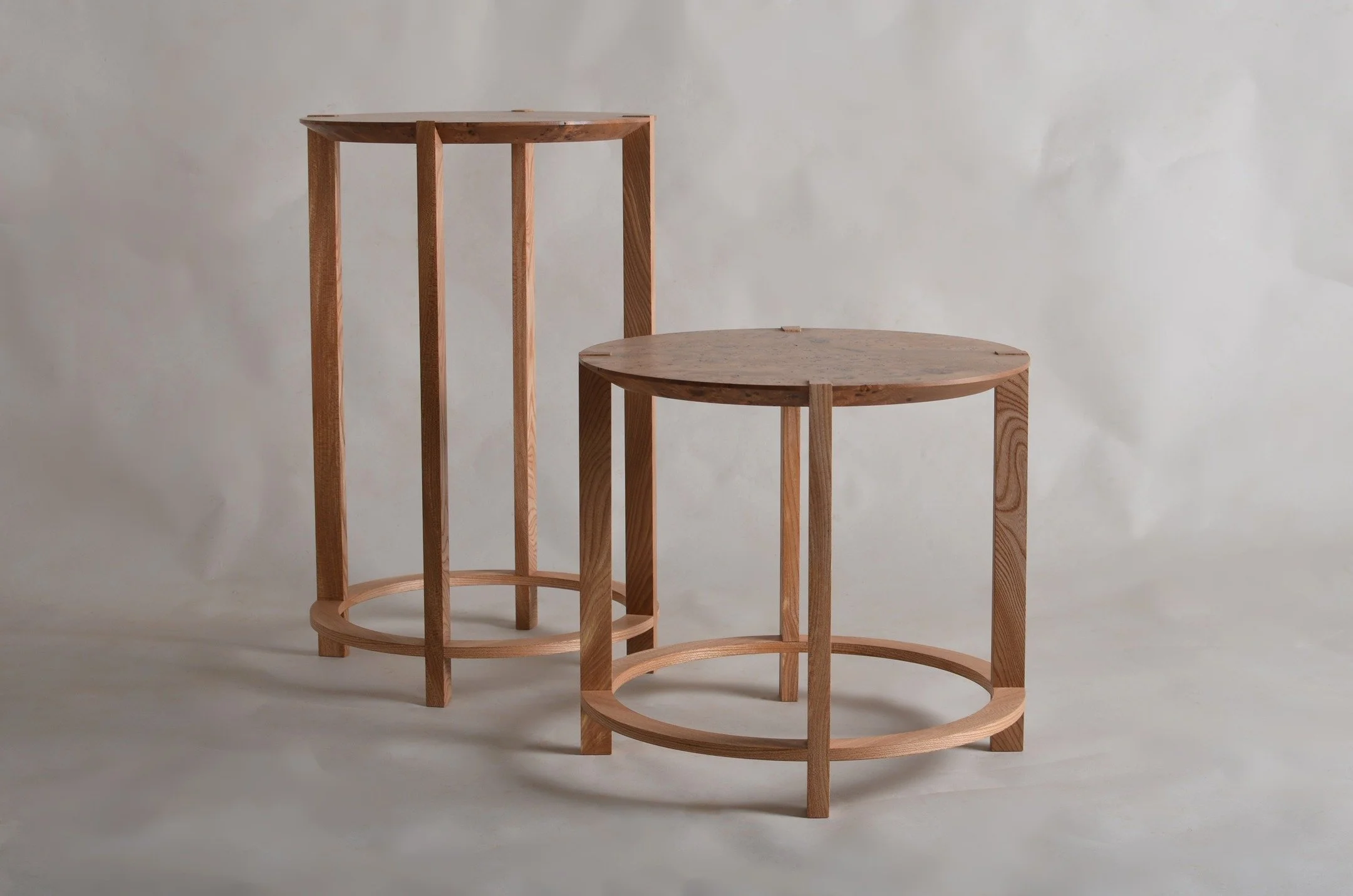 This pair of tables used to be a coffee table, the clients loved the wood but not the table. We recycled the stunning burr elm for the tops and made new bases, hopefully a lot more interesting and a lot more useful. The elm lives on in a new form.

#