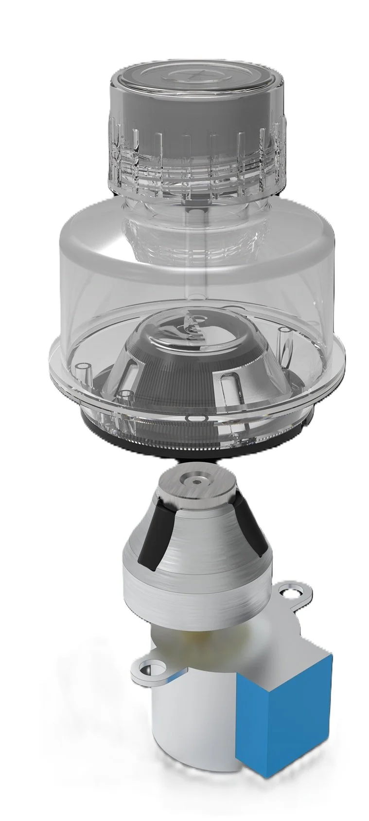 An exploded view of a stepper motor that actuates the PumpRing that is welded into a sampling cup illustrating that PumpRing adds a disposable precision micropump into any disposable