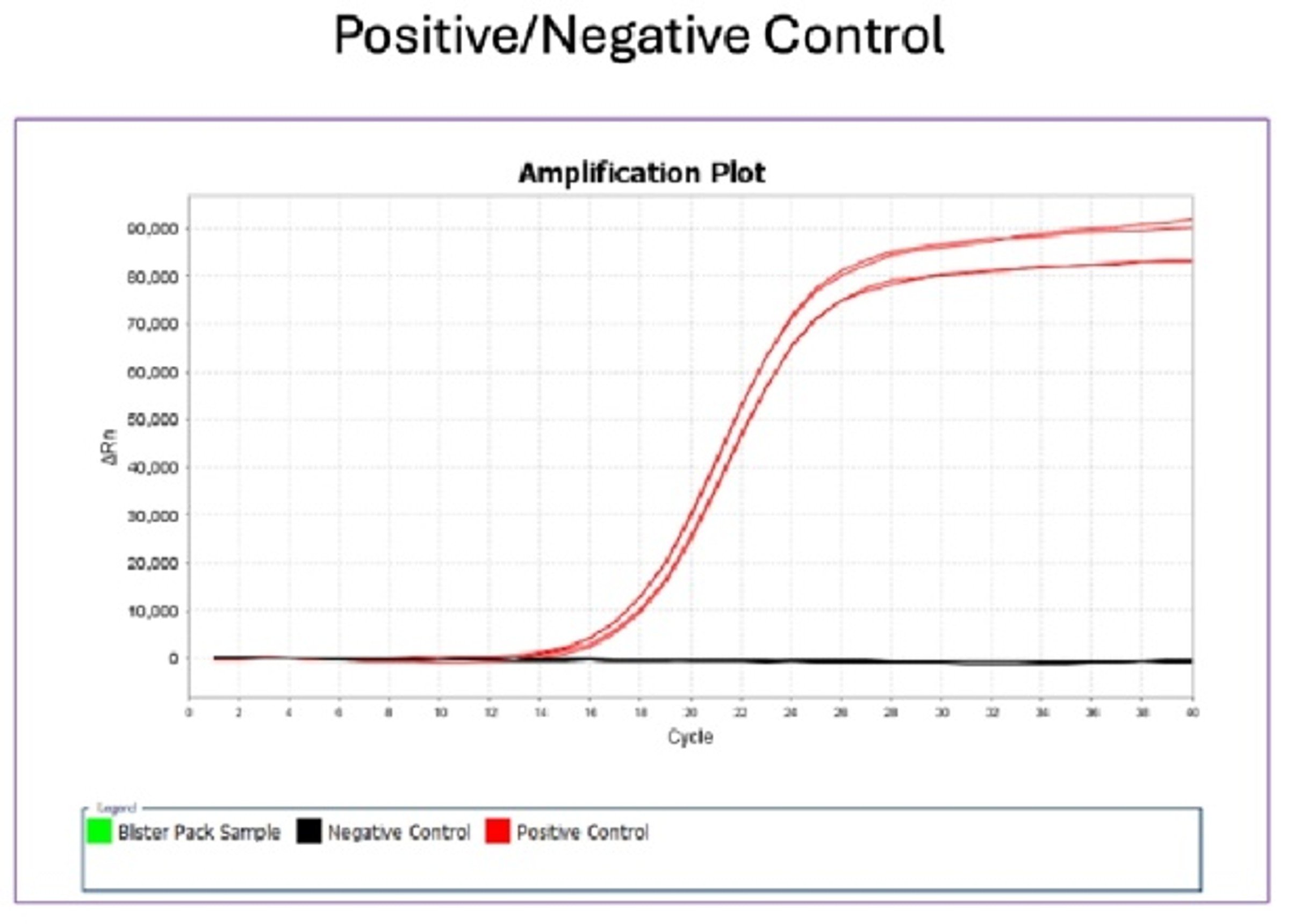 Line graph titled 'Amplification Plot', showing cycle versus delta Rn, with curves for Bister Pack Sample in green, Negative Control in black, and Positive Control in red, illustrating amplification over cycles.