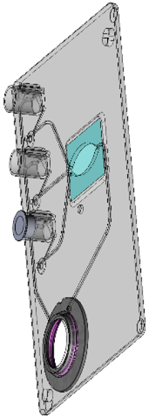 image showing a drawing of a microfluidic cartridge including valves, reagent wells, a PCR well and an on-board 12mm PumpRing