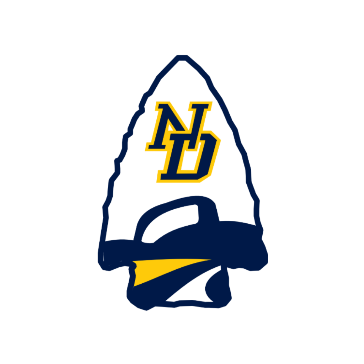 A graphic of a prison security badge with a black background. The badge features a stylized black handgun silhouette at the bottom, with a yellow lightning bolt across it. In the center, there are navy blue letters 'N' and 'D' overlapping, all outlined in yellow, with the 'D' slightly below the 'N'.
