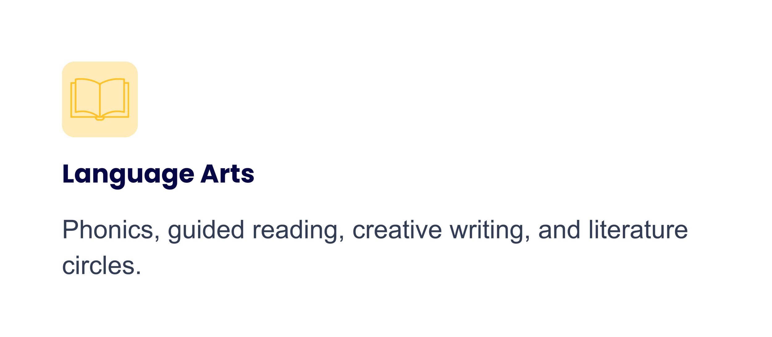 Logo for National Geographic Society featuring a yellow rectangle with rounded corners and a black background. Text includes 'National Geographic Society' and 'Languange Arts' in blue, with additional smaller text mentioning phonics, guided reading, creative writing, and literature.