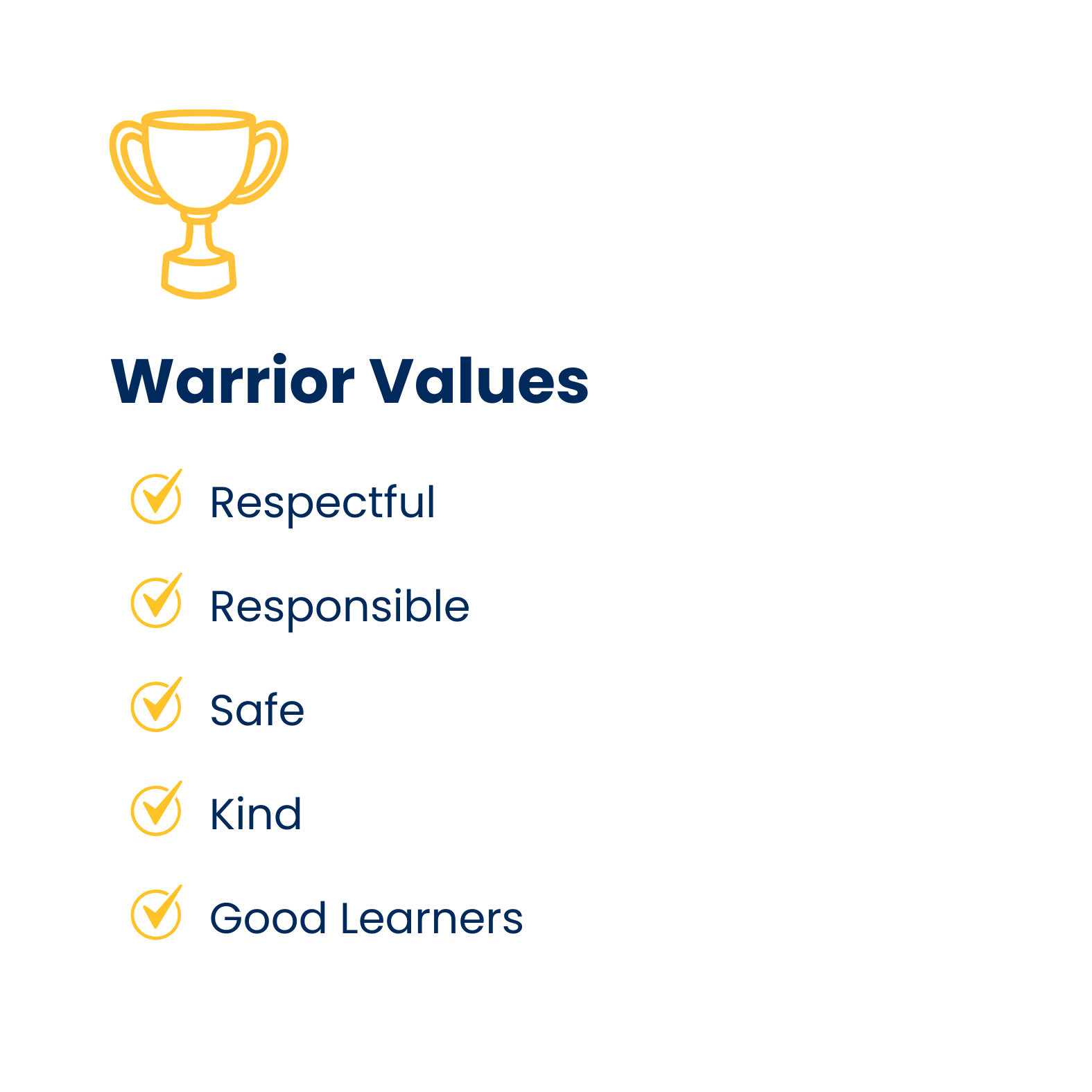 A black background with a gold trophy icon at the top left. The title 'Warrior Values' in bold blue text, followed by a list of values: Respectful, Responsible, Safe, Kind, and Good Learners, each with a yellow checkmark icon next to it.