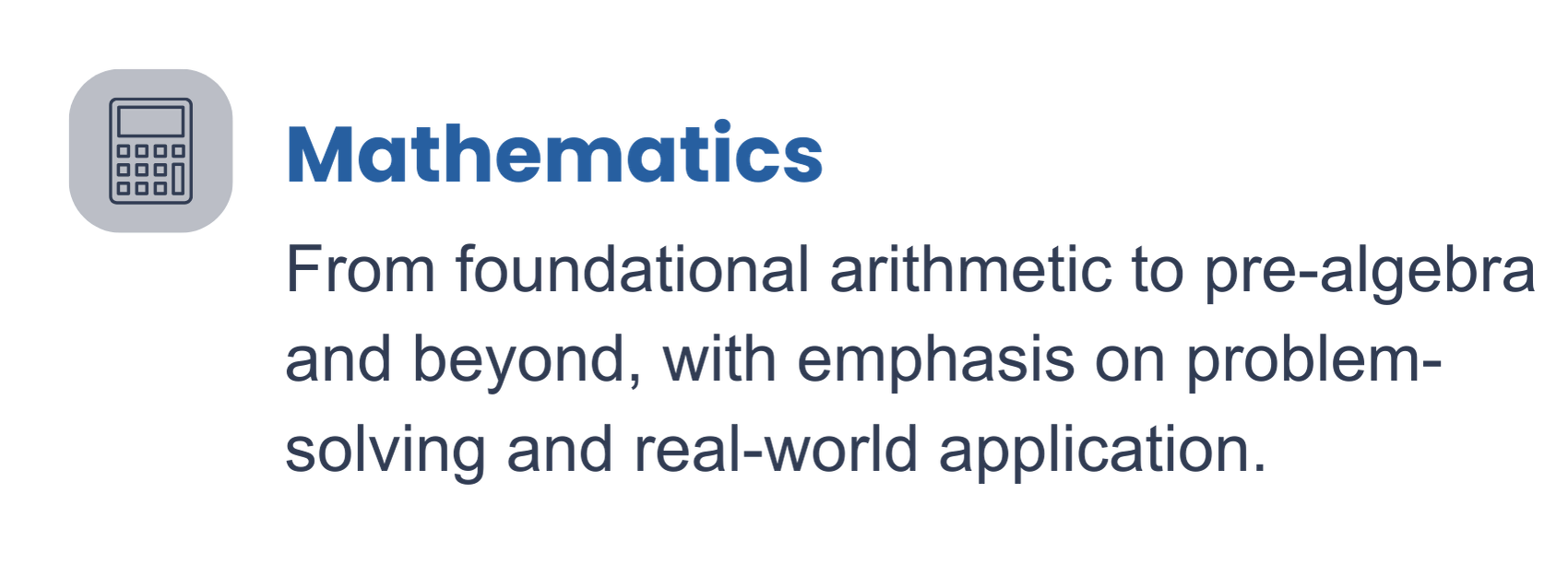 A logo featuring a calculator icon and the word 'Mathematics' with a subtitle about progressing from fundamental arithmetic to pre-algebra and beyond, focusing on problem-solving and real-world applications.