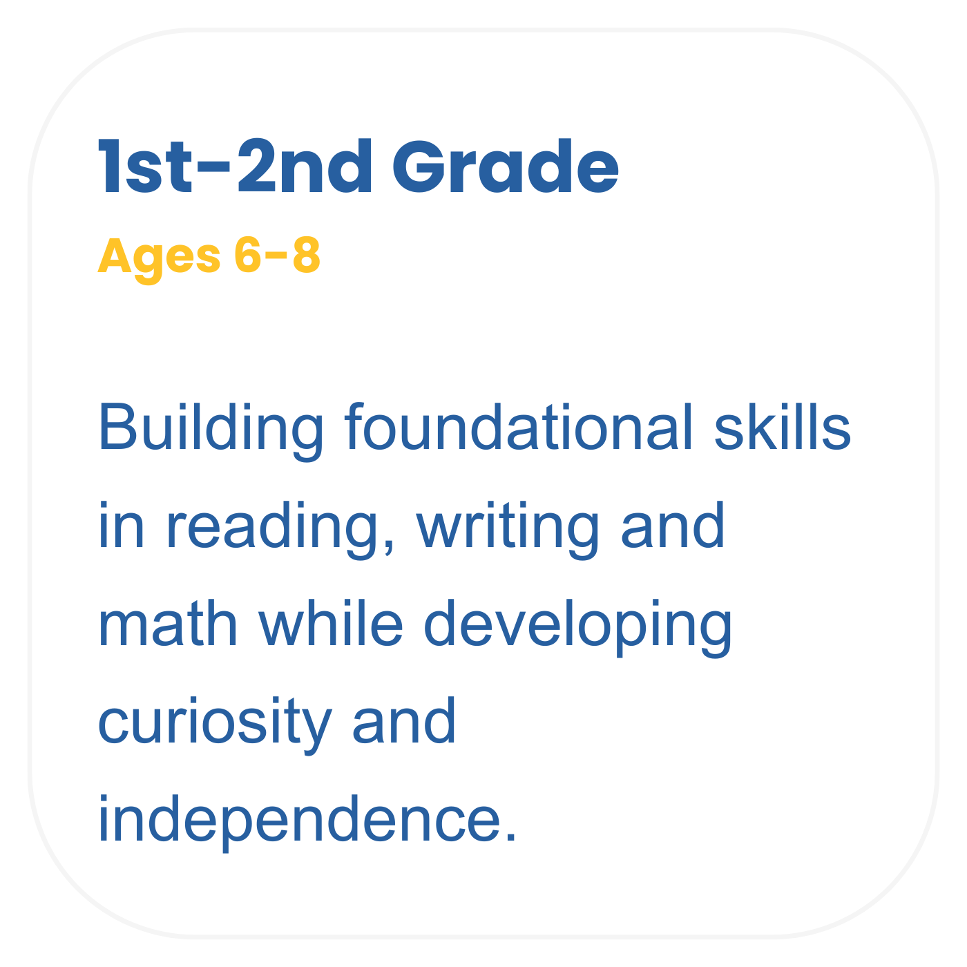 Educational slide or flyer promoting 1st-2nd grade curriculum for ages 6-8, focusing on building foundational skills in reading, writing, and math.