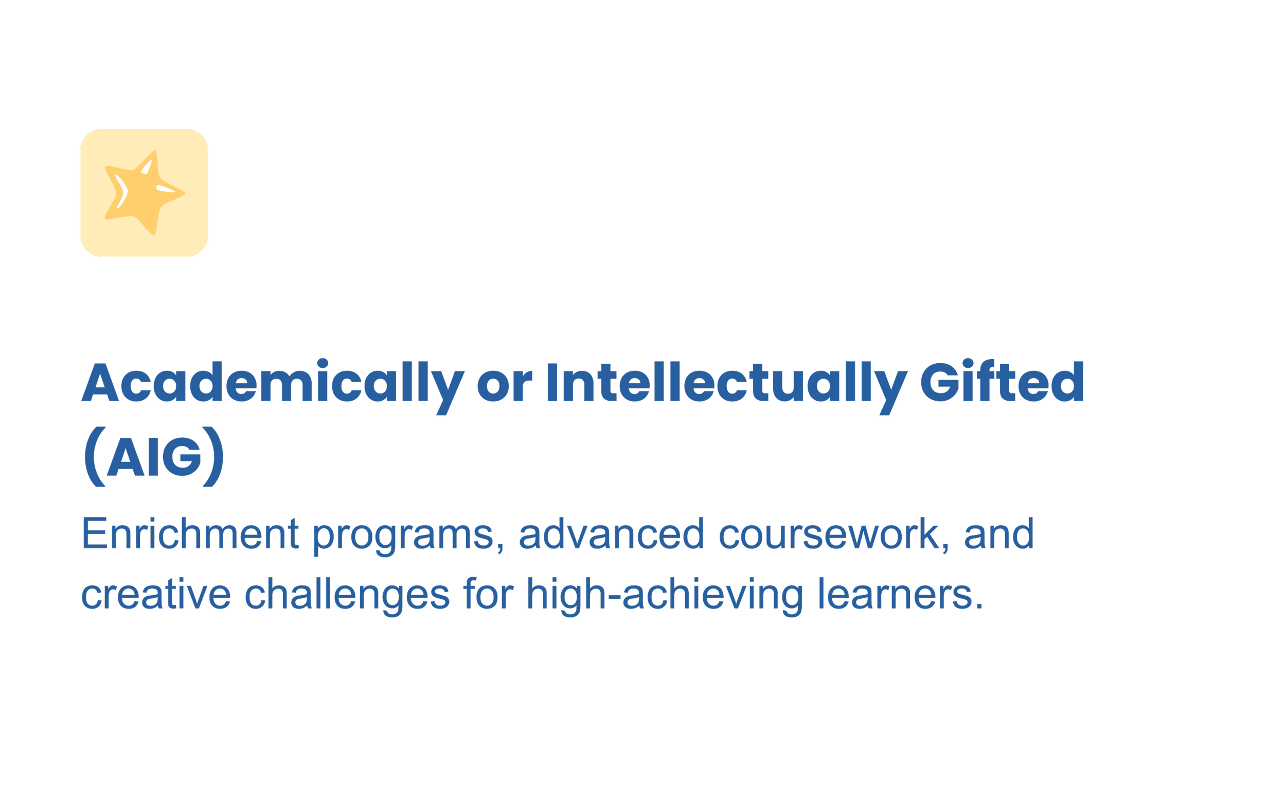 Logo of a yellow star with a white outline and smaller white stars inside. Text reads: 'Apples in education - Recognizing excellence in learning. Academically or Intellectually Gifted (AIG) - Enrichment programs, advanced coursework, and creative challenges for high-achieving learners.'
