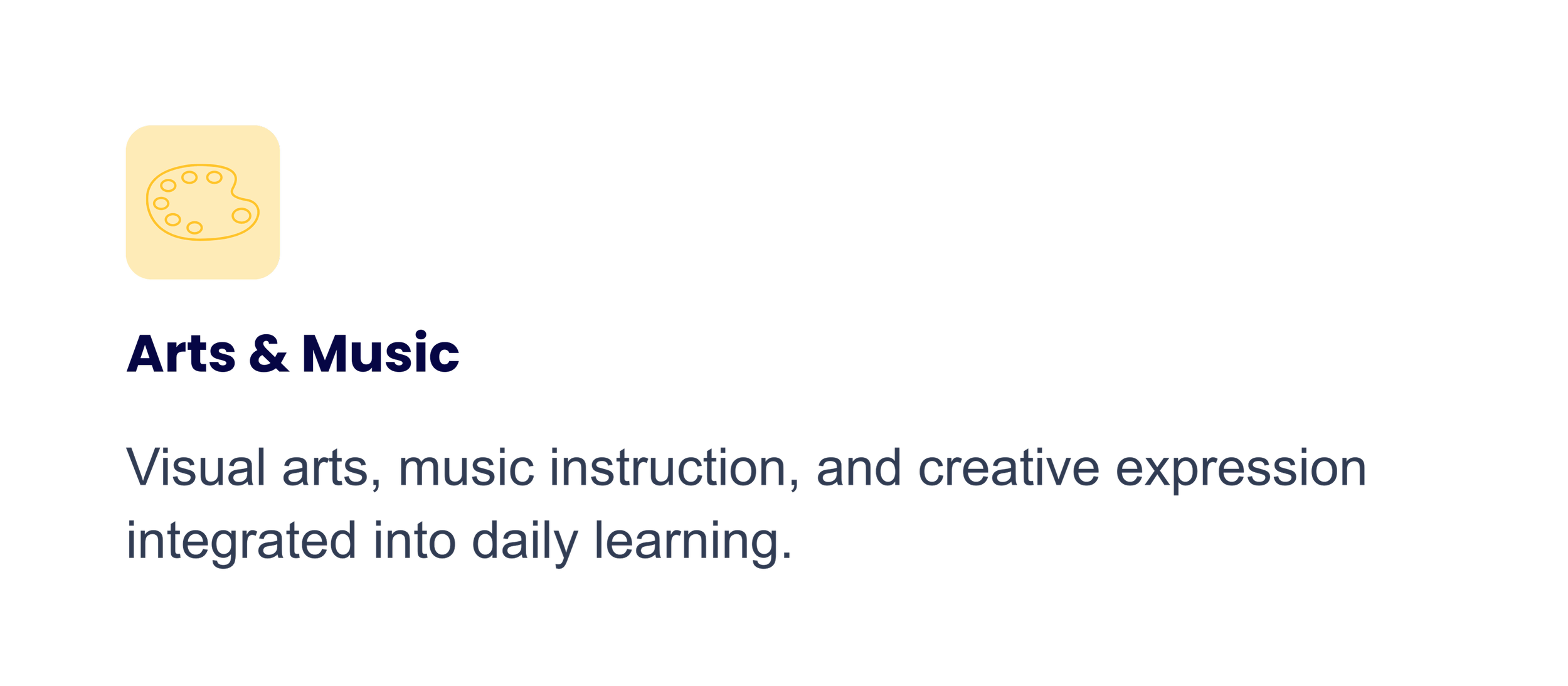 National Geographic logo with the text "Arts & Music" and a description about visual arts, music instruction, and creative expression integrated into daily learning.