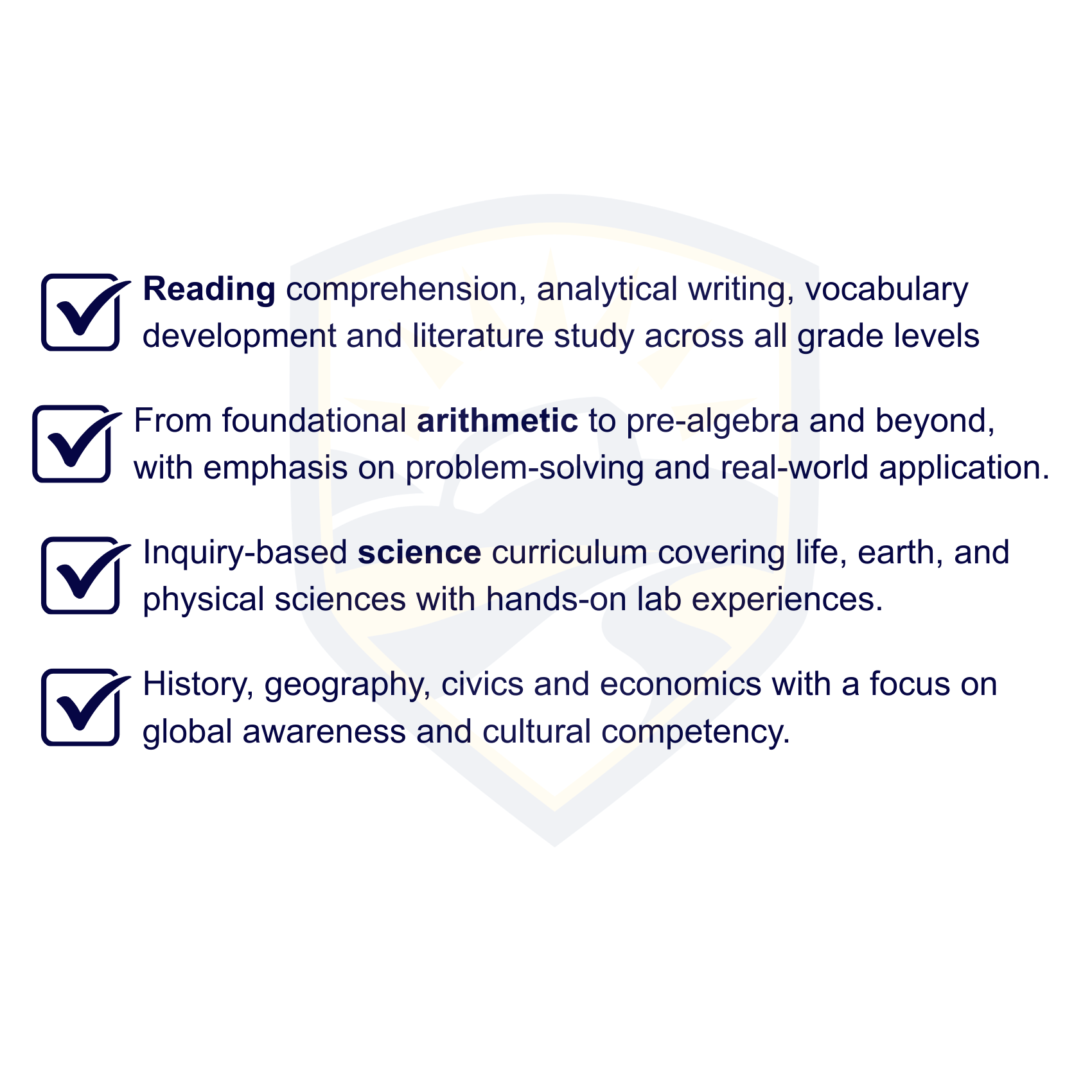 A shield emblem featuring a stylized open book at the bottom, with yellow rays emanating from it. Overlaid on the emblem is text about educational goals, mentioning reading comprehension, vocabulary development, literature study, arithmetic and pre-algebra, science curriculum covering life, earth, and physical sciences, history, geography, civics, and cultural competency.