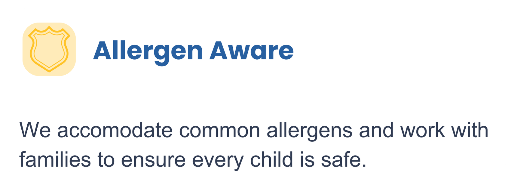 Allergen Aware logo with a shield icon and a text message about accommodating common allergens to keep children safe.