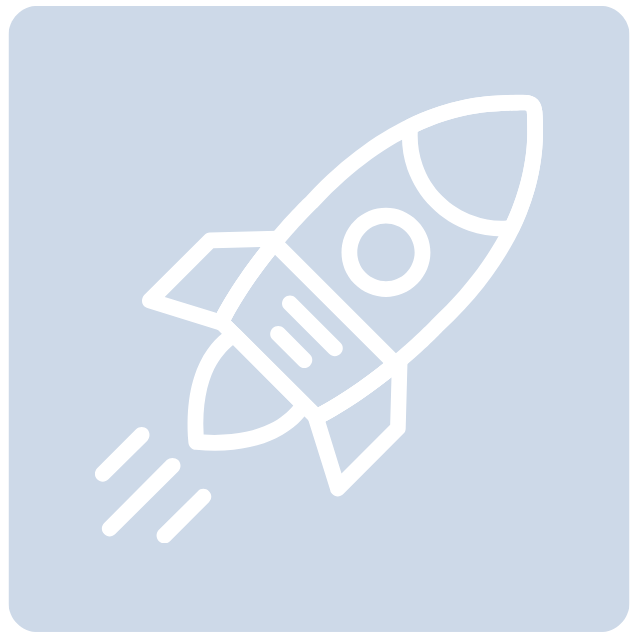 Outline drawing of a rocket launching, with smoke trails, on a light blue background.