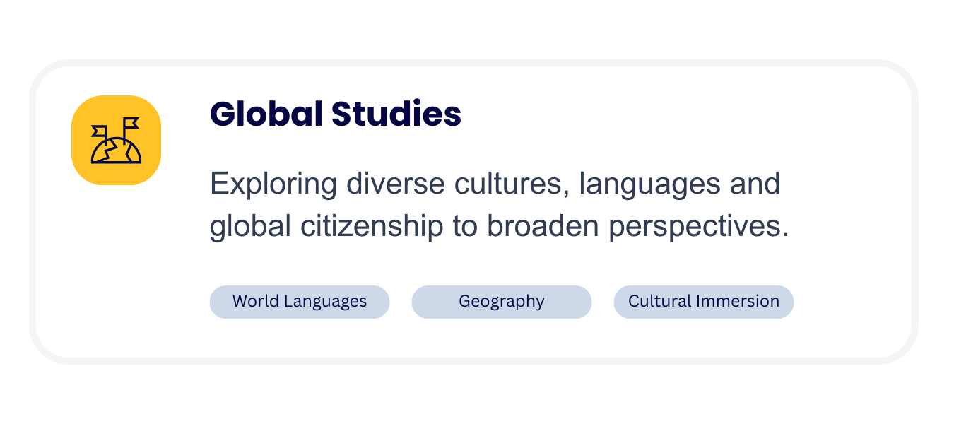 Icon of a globe with flags on it, positioned to the left of the text 'Global Studies' and description about exploring cultures, languages, and citizenship.
