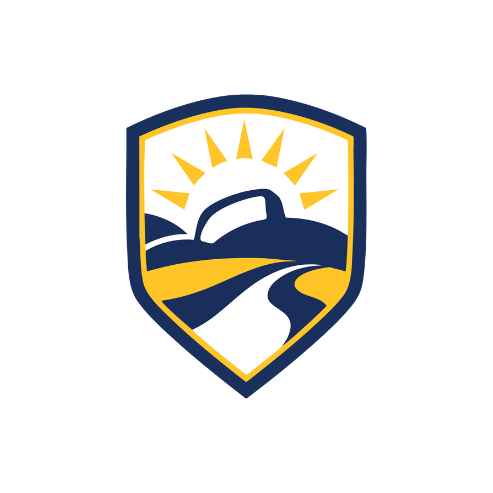 A logo featuring a stylized landscape with a yellow sun, rolling hills, and a winding road inside a shield shape with a navy blue border.