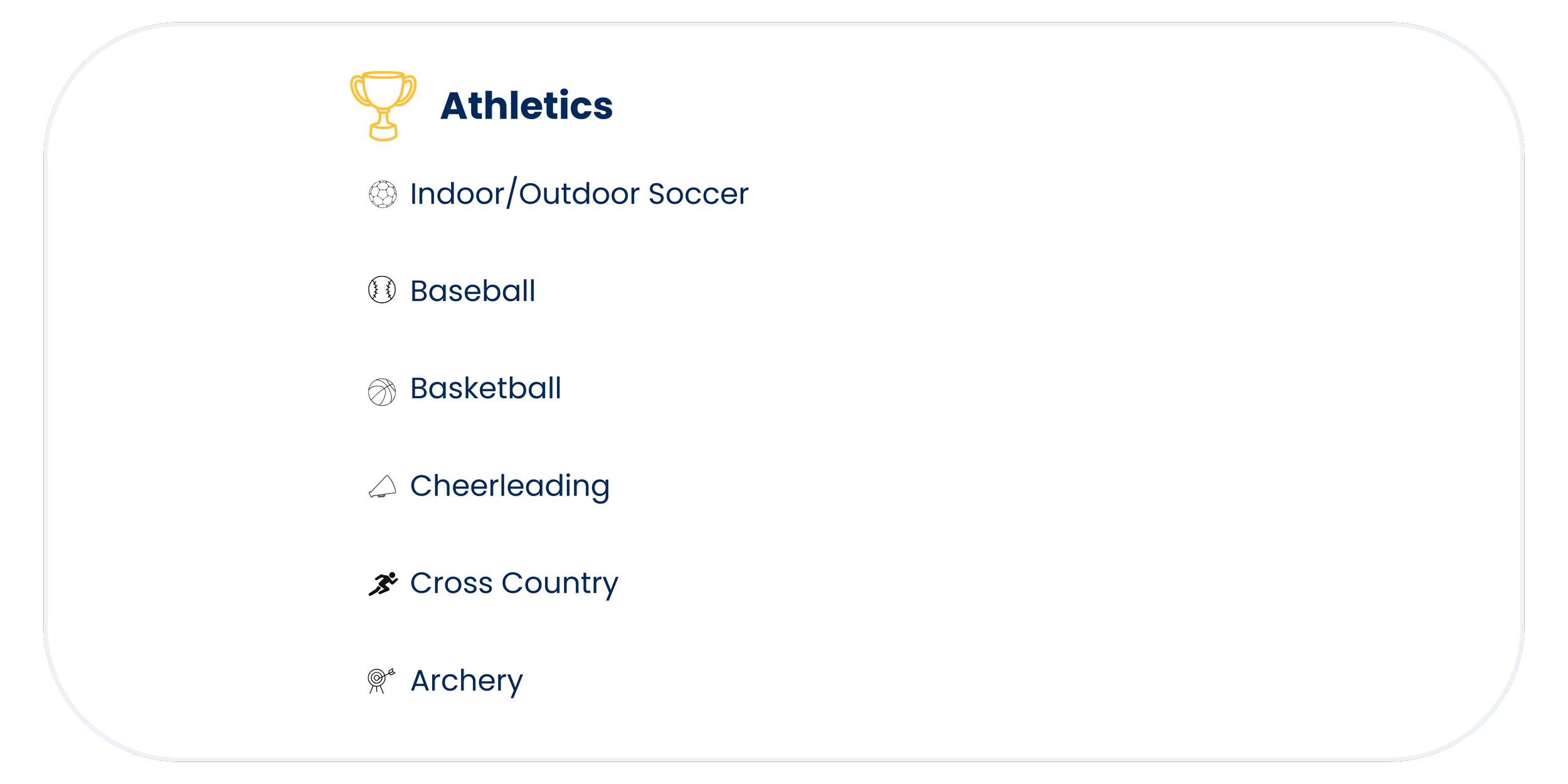 Mobile app menu screen showing list of sports categories including Athletics, Indoor/Outdoor Soccer, Baseball, Basketball, Cheerleading, Cross Country, and Archery, each with an icon representing the sport.