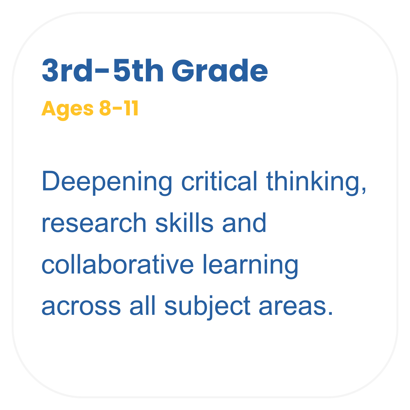 A presentation slide for 3rd to 5th grade students, ages 8-11, about developing critical thinking, research skills, and collaborative learning across all subject areas.