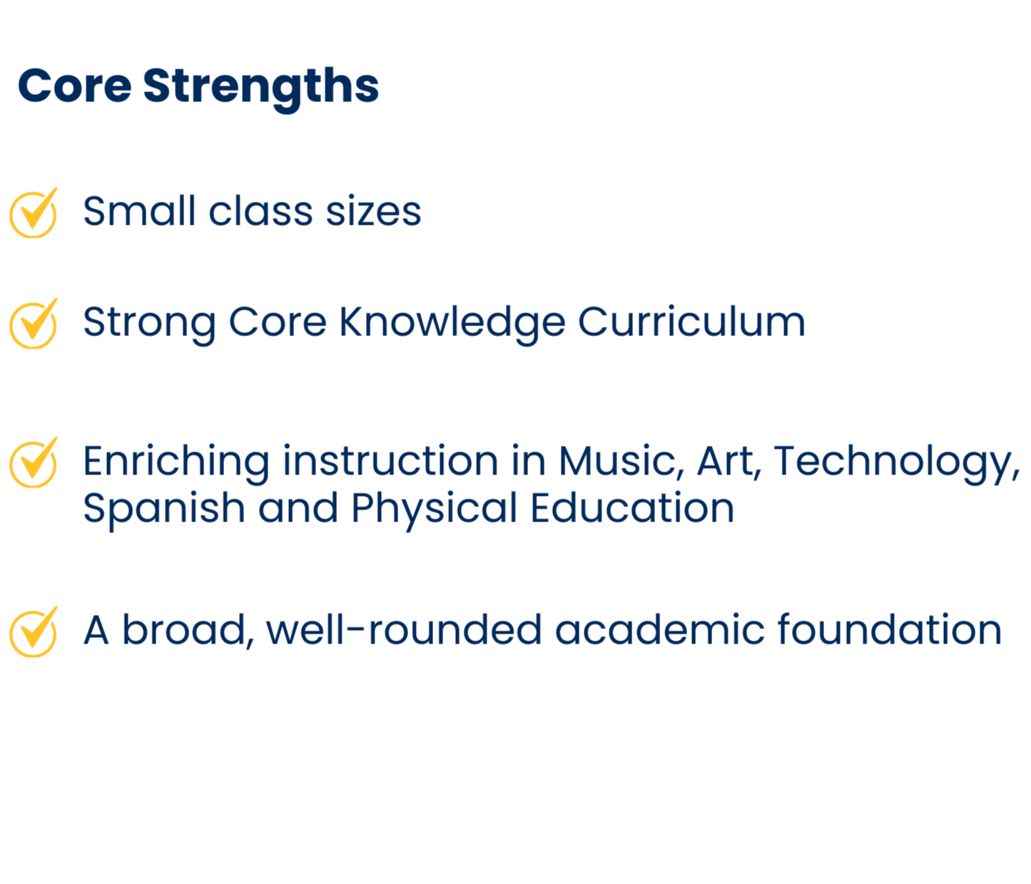 Text on a black background listing core strengths with yellow checkmarks next to each point. The points include small class sizes, a strong core knowledge curriculum, enrichment in music, art, technology, Spanish, and physical education, and a broad academic foundation.