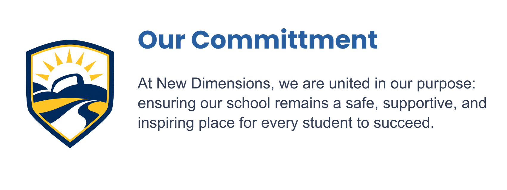 New Dimensions school logo with a sun rising over a stylized storybook, accompanied by the text 'Our Commitment' and a statement about ensuring a safe, supportive, and inspiring school environment.