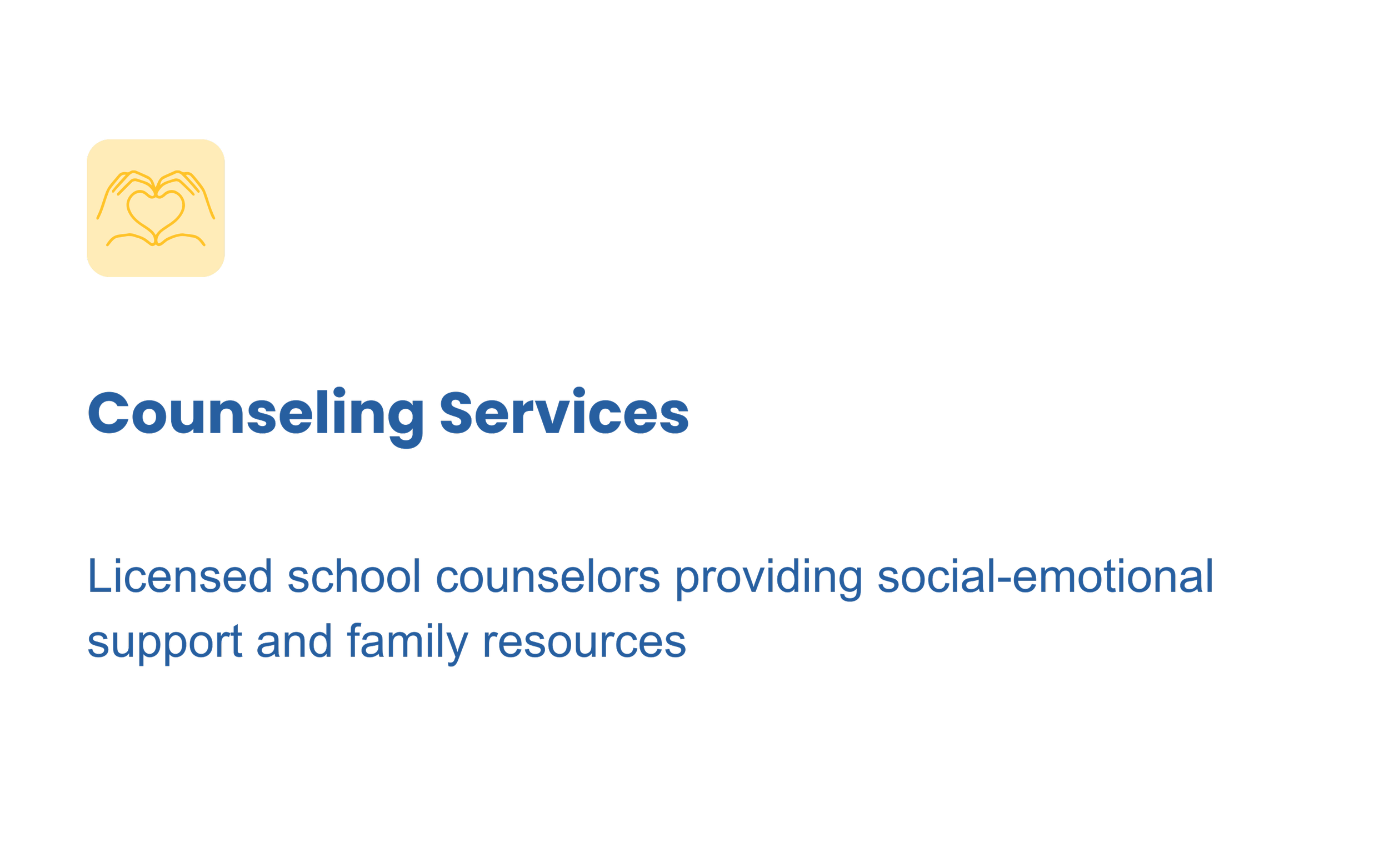 Logo for a counseling services organization with a yellow square icon and the text 'Counseling Services' in blue, describing licensed school counselors providing social-emotional support and family resources.