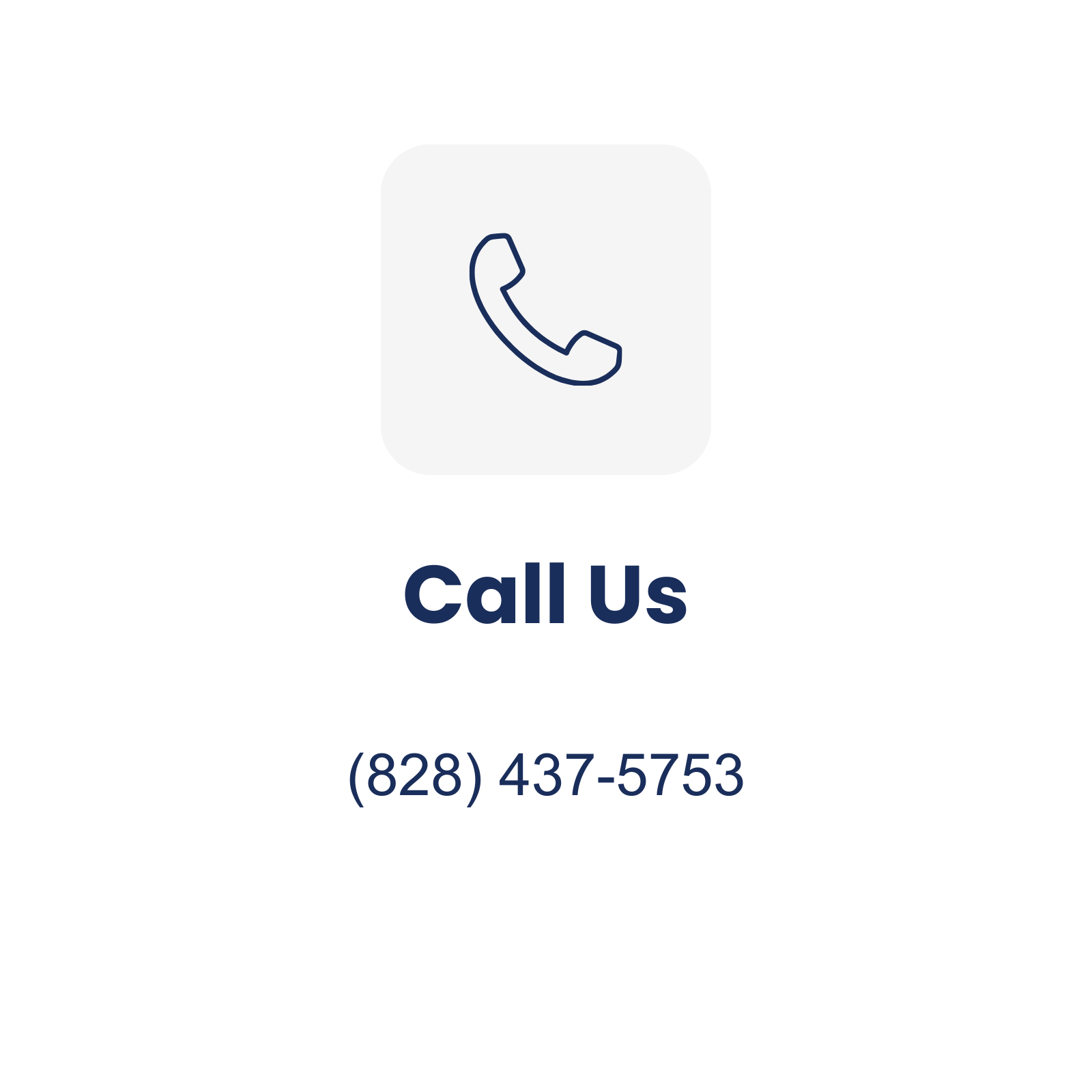 A digital contact card with a phone icon, the words "Call Us," and a phone number (828) 437-5753.