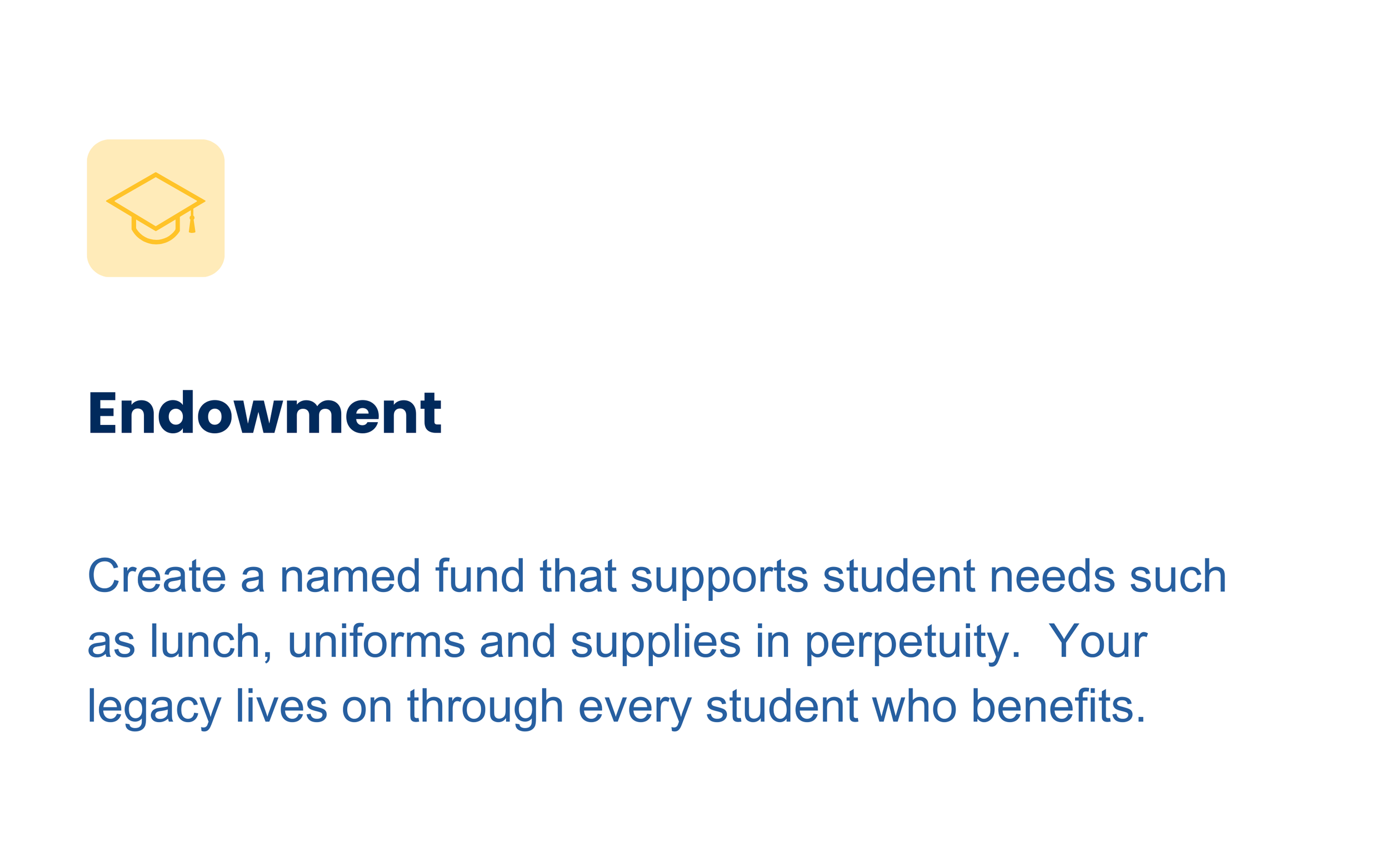 A webpage about creating a named fund to support students, with a yellow icon of a graduation cap and a large blue 'Endowment' heading.
