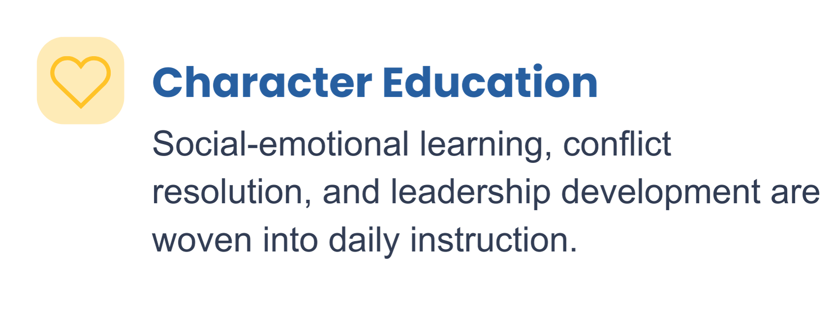Charity Education logo with a yellow rounded square and a heart icon, and text about social-emotional learning, conflict resolution, and leadership development being integrated into daily instruction.