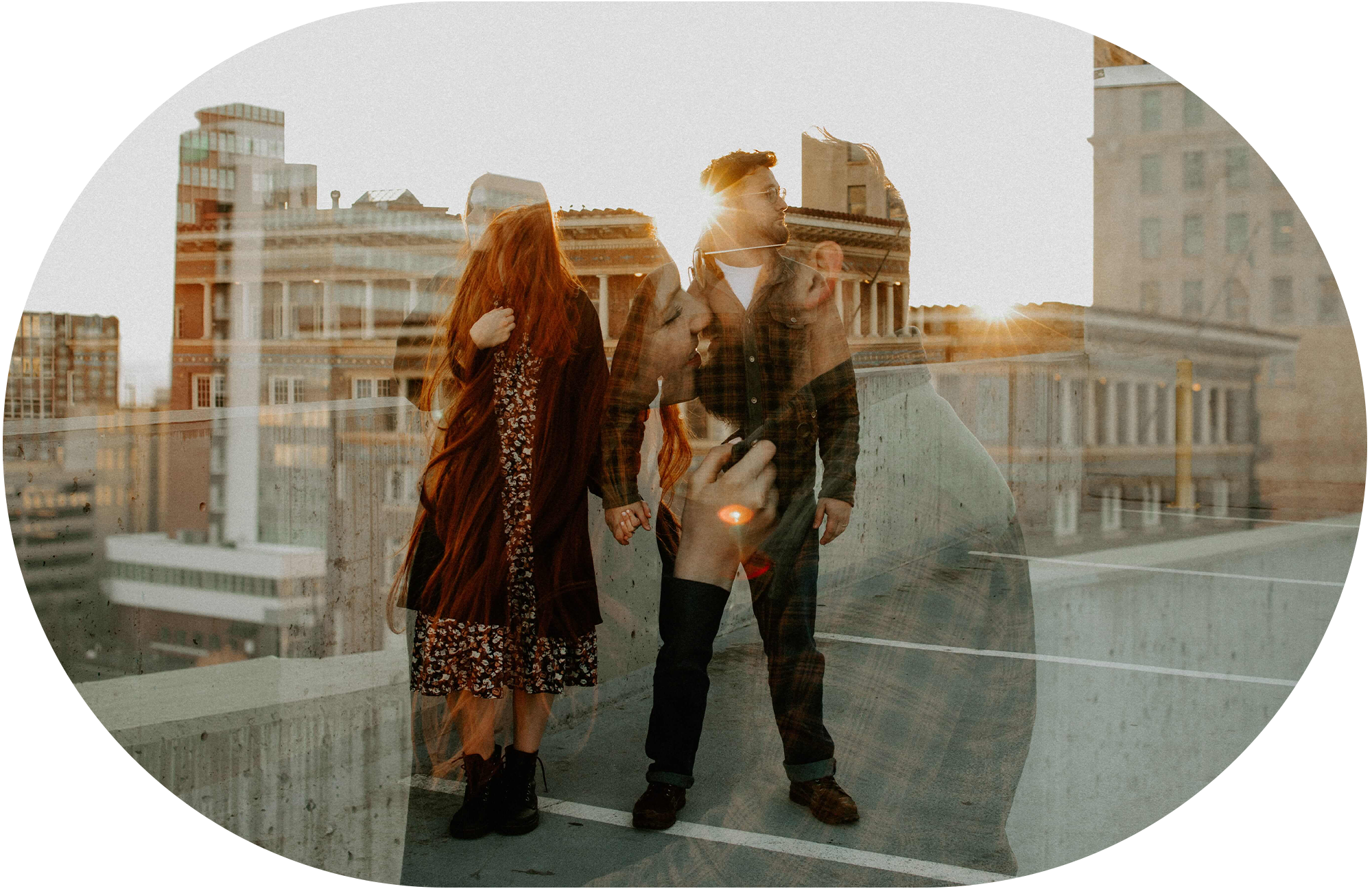 A double exposure style photo of a couple outside in downtown Salt Lake City.