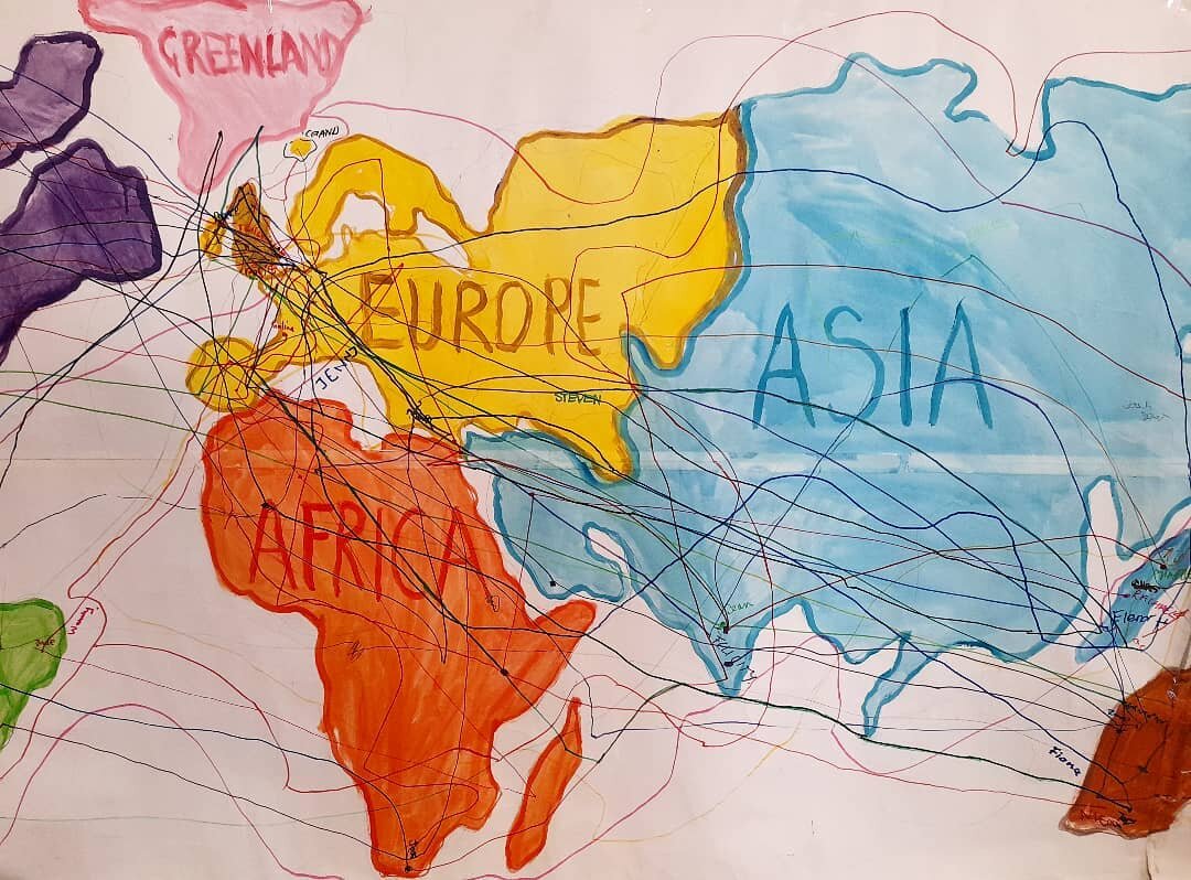A well travelled map. This week we've had a big painted map on the wall at ' Brave Arts' and we're plotting our journey's - the ones we would love to go on. It's been alot of fun and next week we're creating a fabric collage of this wall. @suffolk_ar