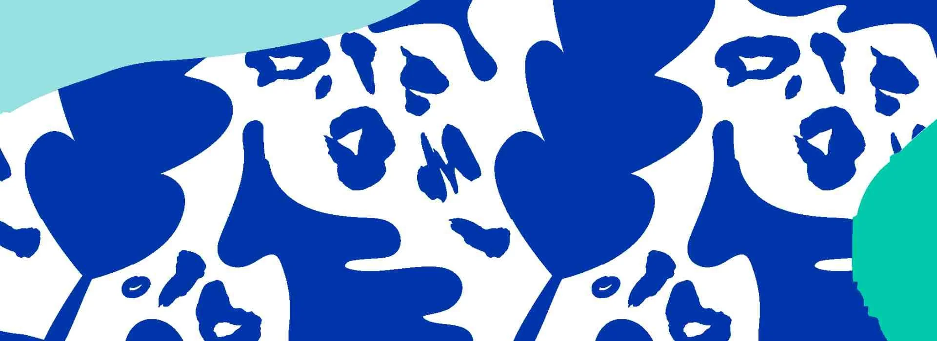 Abstract illustration of cow faces in navy blue and white with teal accents.