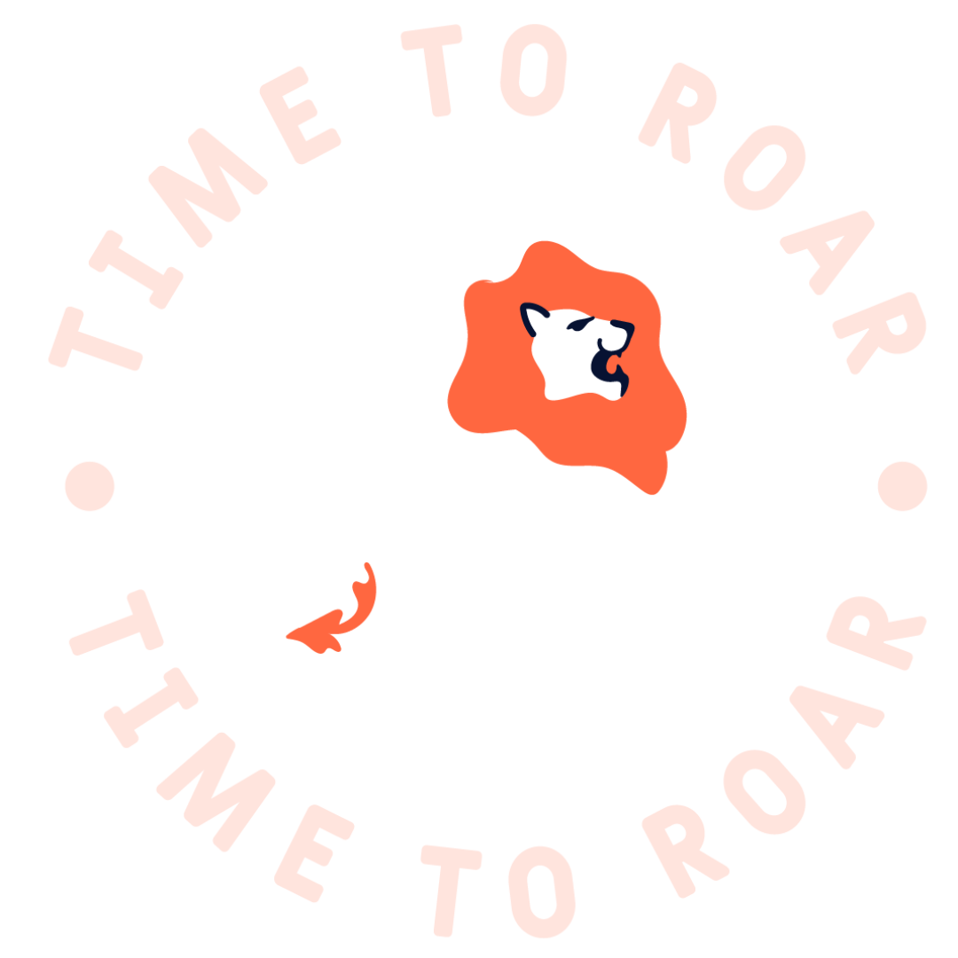 A graphic logo features a stylized dog with an orange mane, sitting on a black background, encircled by pink text that reads 'IT'S ME TO ROAR, TINÉ TO ROAR'.