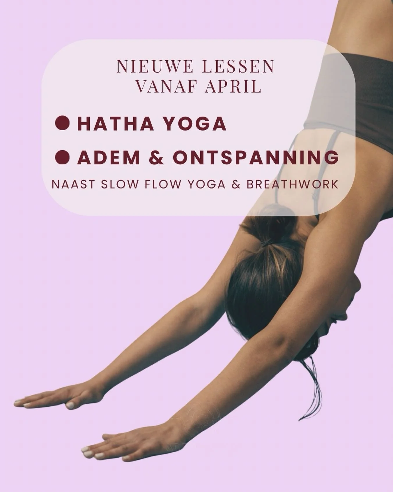 ✨ Nieuwe lessen vanaf april ✨
Vanaf april breid ik mijn rooster uit. Naast Slow Flow Yoga en Breathwork Light kun je nu ook meedoen met:
&bull; Hatha Yoga &ndash; Dit is een klassieke yogales waarbij we langer in een houding blijven. Hierdoor is er m