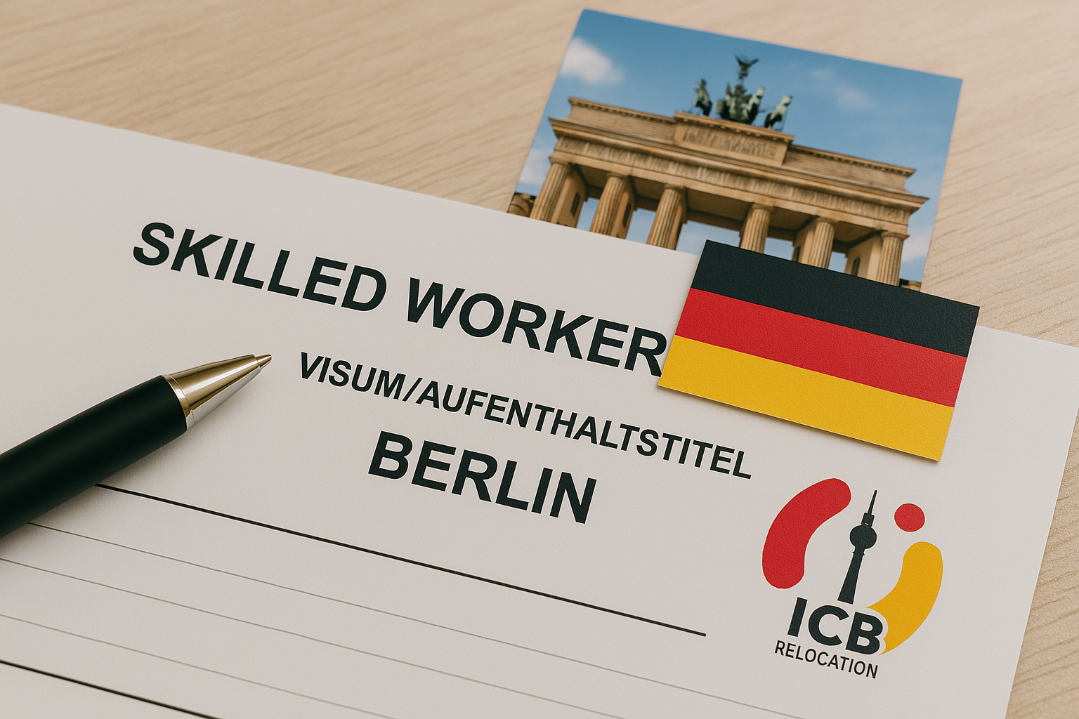 Picture of a skilled worker visa application design with ICB Logo on it and the German Flag