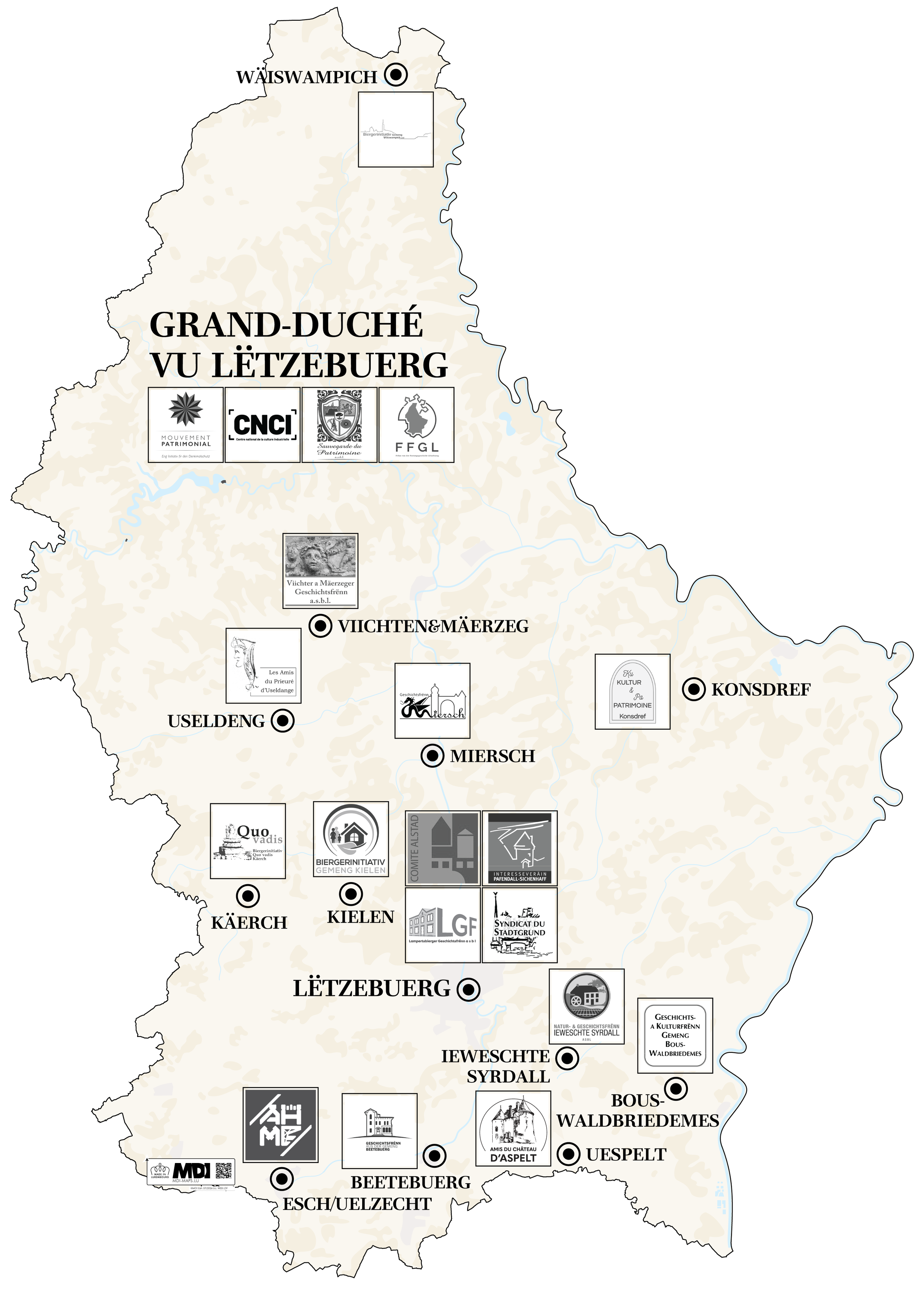 Stiliséiert Lëtzebuerger Kaart mat den Logoen vun de LDF-Memberen. Erstellt, zur Verfügung gestallt a geschützt duerch MDI.