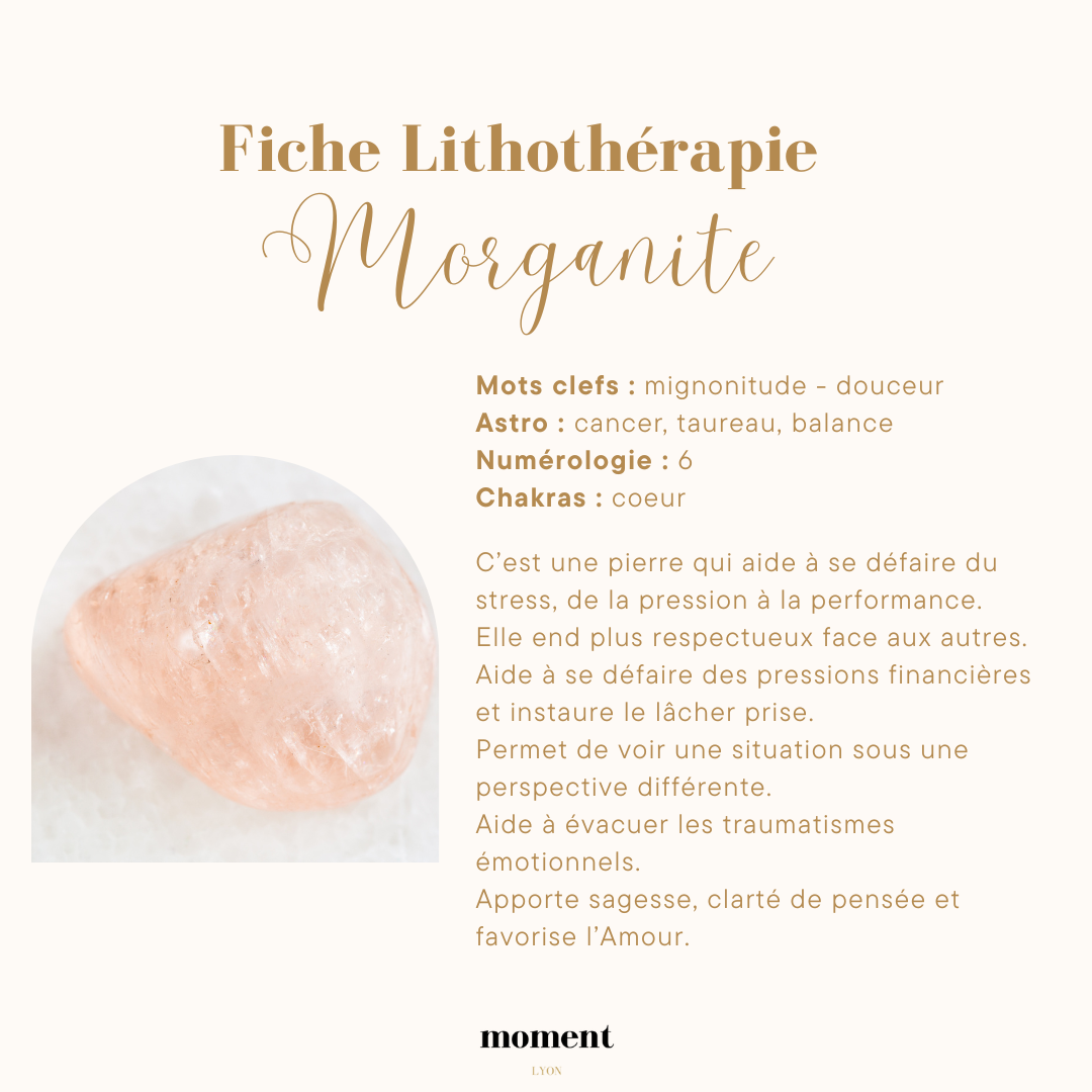 Image d'une fiche sur la lithothérapie intitulée "Morganite" avec des détails sur ses propriétés énergétiques. Elle est associée aux mots clefs "mignonnitude" et "douceur", astrologiquement liée aux signes cancer, taureau et balance, numéro 6 en numé