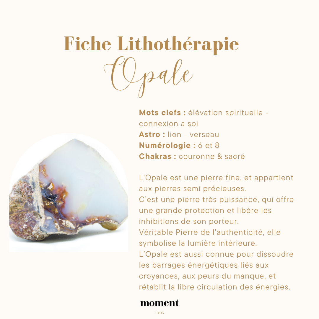 Fiche informative sur l'opale, une pierre semi-précieuse, utilisée en lithothérapie. Texte détaillant ses propriétés spirituelles, astros lion et verseau, numérologie 6 et 8, associée aux chakras couronne et sacré. Image de l'opale présente.