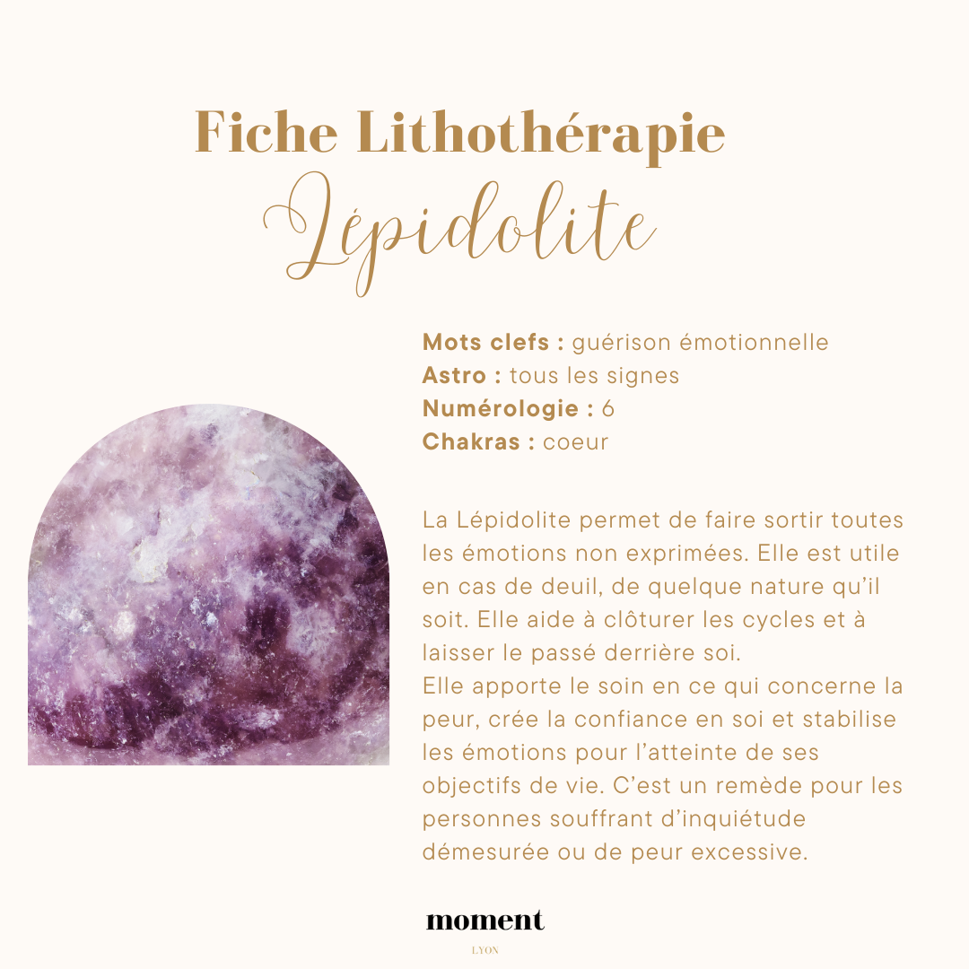 Fiche décrivant les propriétés de la lépidolite en lithothérapie.