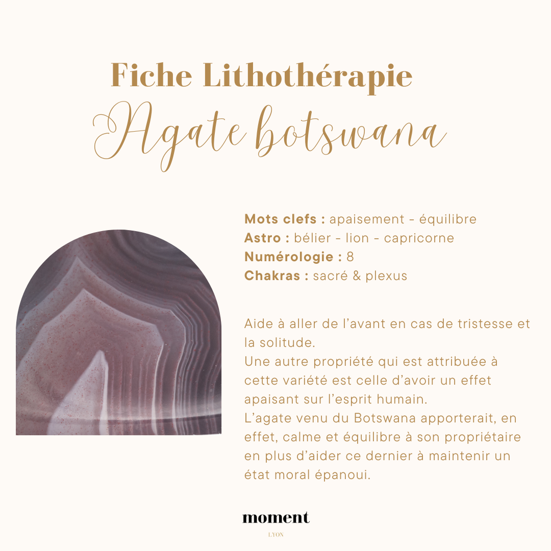 Fiche de lithothérapie sur l'agate Botswana avec des informations sur les mots clés, l'astrologie, la numérologie, les chakras et les bienfaits émotionnels de cette pierre. Inclut une image de l'agate.