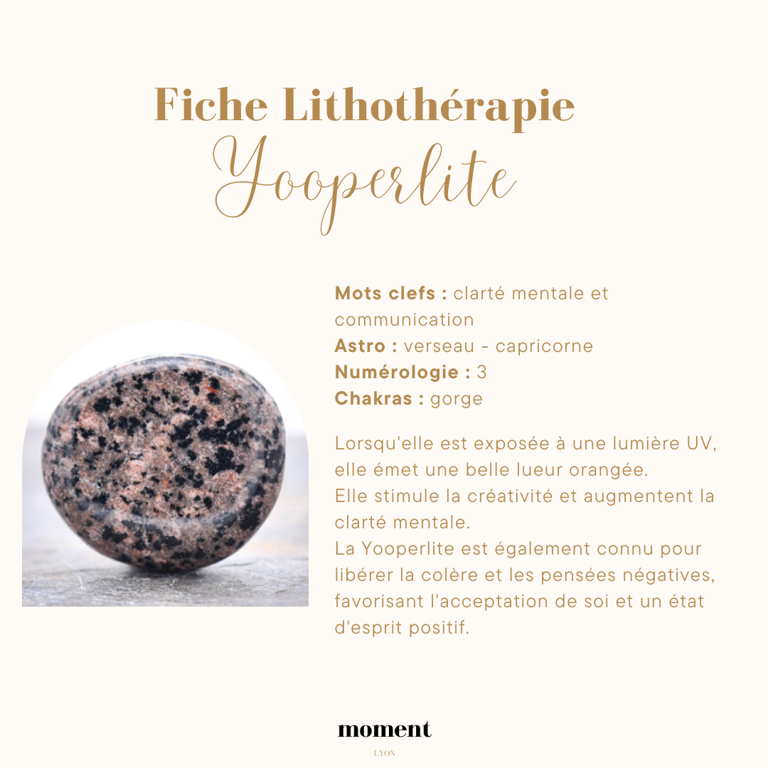 Fiche sur la lithothérapie de la Yooperlite, décrivant ses propriétés associées à la clarté mentale, communication, et son lien avec les signes astrologiques verseau et capricorne. Numérologie 3 et chakra gorge. Mention de l'effet lumineux sous UV et