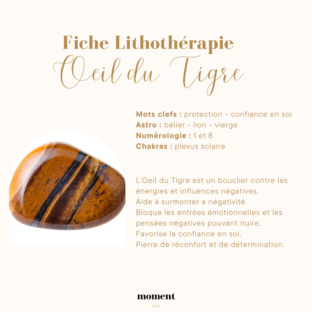 Carte d'information sur l'Oeil du Tigre, une pierre utilisée en lithothérapie. Mots clés : protection, confiance en soi. Astrologie : bélier, lion, vierge. Numérologie : 1 et 8. Chakras : plexus solaire. Description des propriétés bénéfiques de la pi