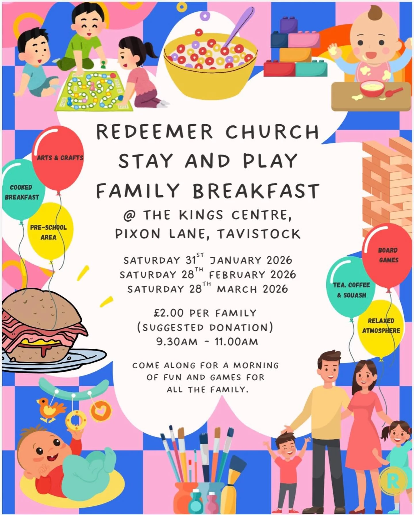 Our next family stay and play breakfast is on Saturday 28th March, 9:30-11am, at the Kings Centre, Pixon Lane. Join us for a fun morning for children age 0-11 and their families - with games, crafts, toys and a delicious home cooked breakfast! &pound
