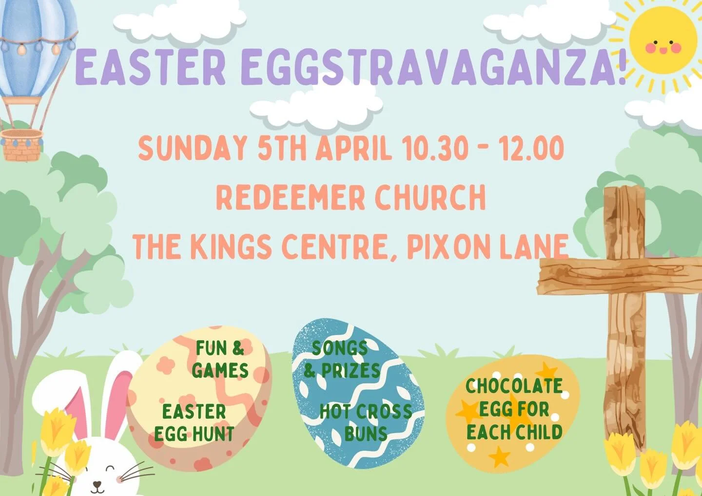 This Sunday is our Easter Eggstravaganza and we are super excited! Join us as we celebrate Easter Sunday from 10:30-12 at the Kings Centre, with an all-age service full of fun &amp; games, followed by an Easter egg hunt and refreshments including hot
