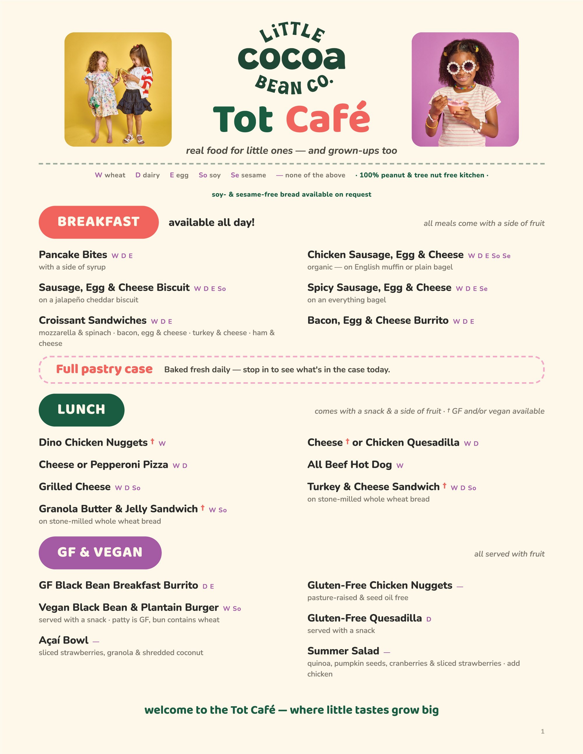 A menu from Little Cocoa Bean Co. Tot Café featuring sections for breakfast and lunch with various options for children. The breakfast section highlights dishes like pancake bites, sausage, egg and cheese biscuit, croissant sandwiches, and full pastry case, along with a note about baked fresh daily. The lunch section includes options such as Dino chicken nuggets, cheese or pepperoni pizza, grilled cheese, turkey and cheese sandwich, and acai bowl. There are two photos of children, one with curly hair holding a toy and another wearing sunglasses with curly hair, smiling and holding a spoonful of food.