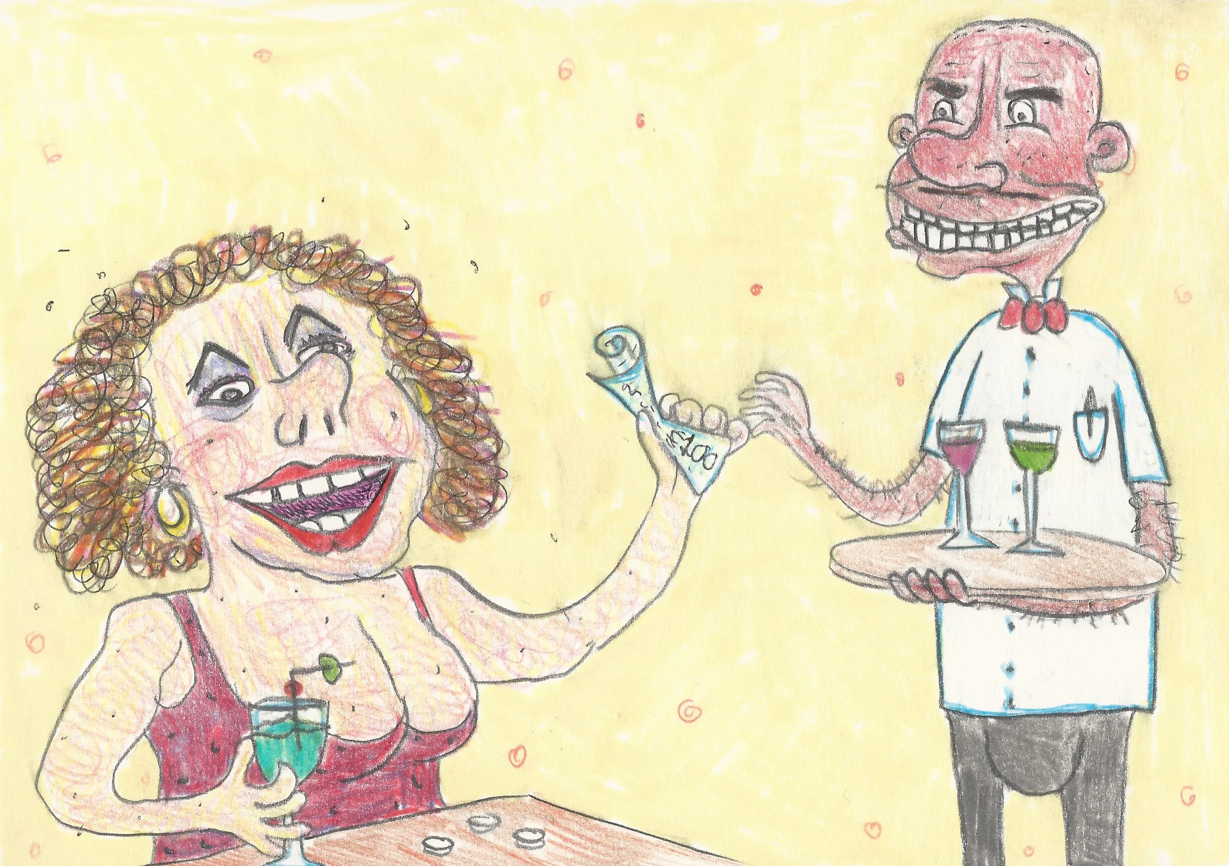 Blowsy vulgar woman gives embarrassed barman excessively large tip