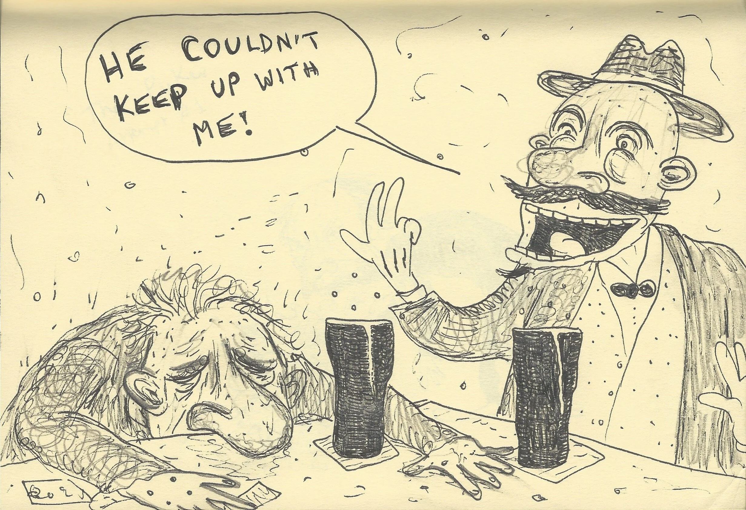 Parody of a period alcohol advertisement - one drinker trounces another