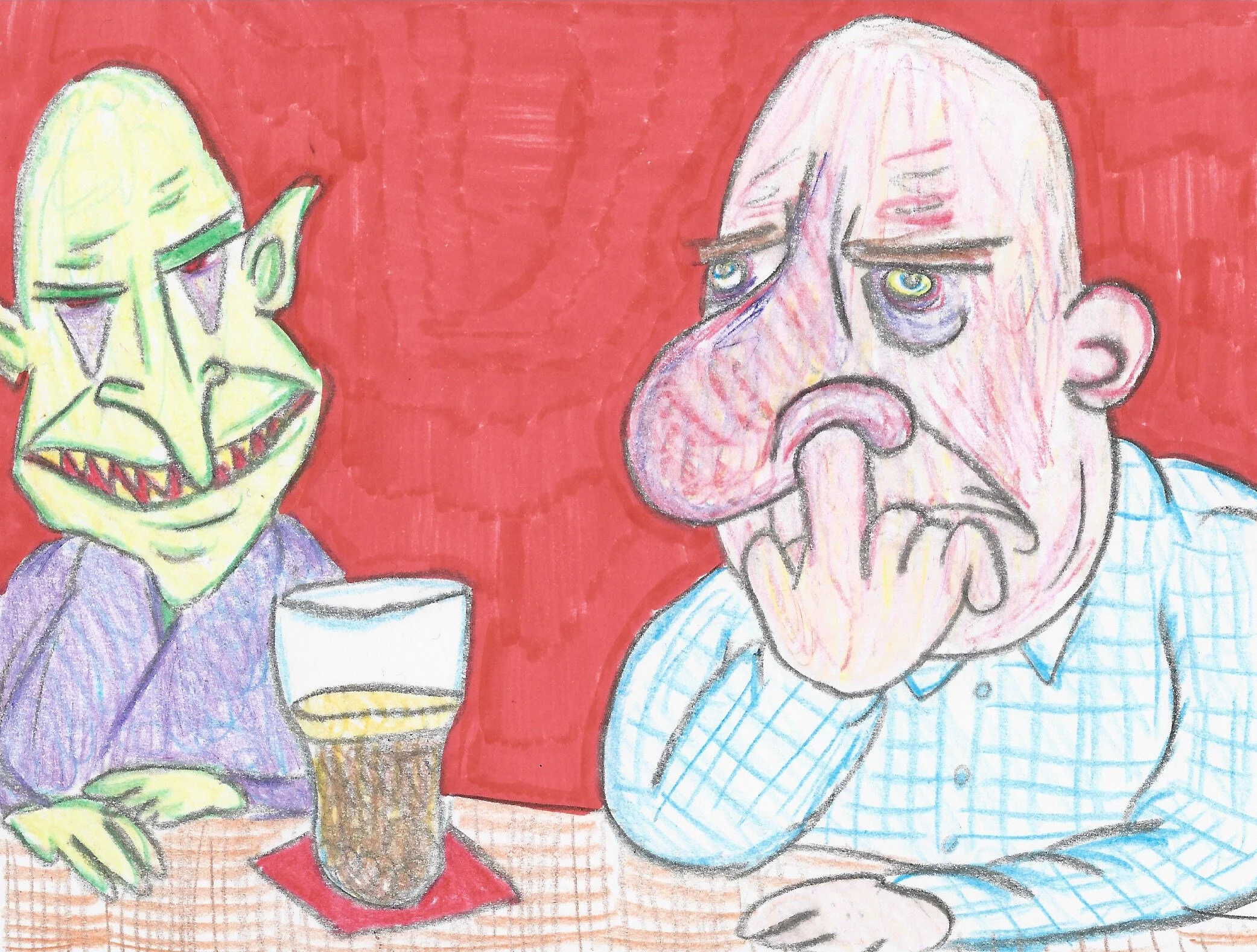 Graceless gobshite picks his nose while sallow green goblin looks on