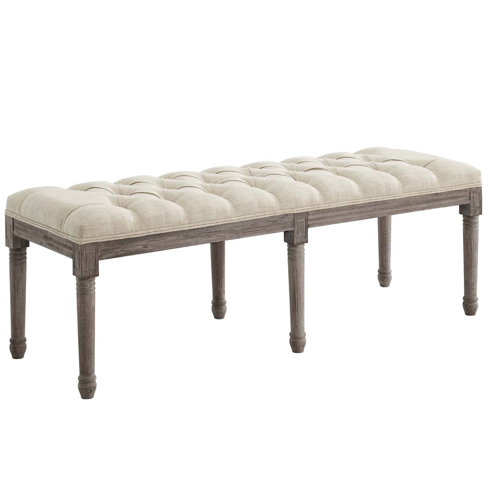 French Vintage Upholstered Fabric Bench, Beige.jpeg