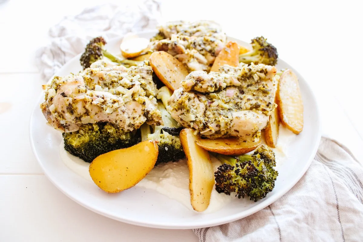 One Pan Pesto Chicken and Broccoli with Whipped Feta — Elizabeth Raybould