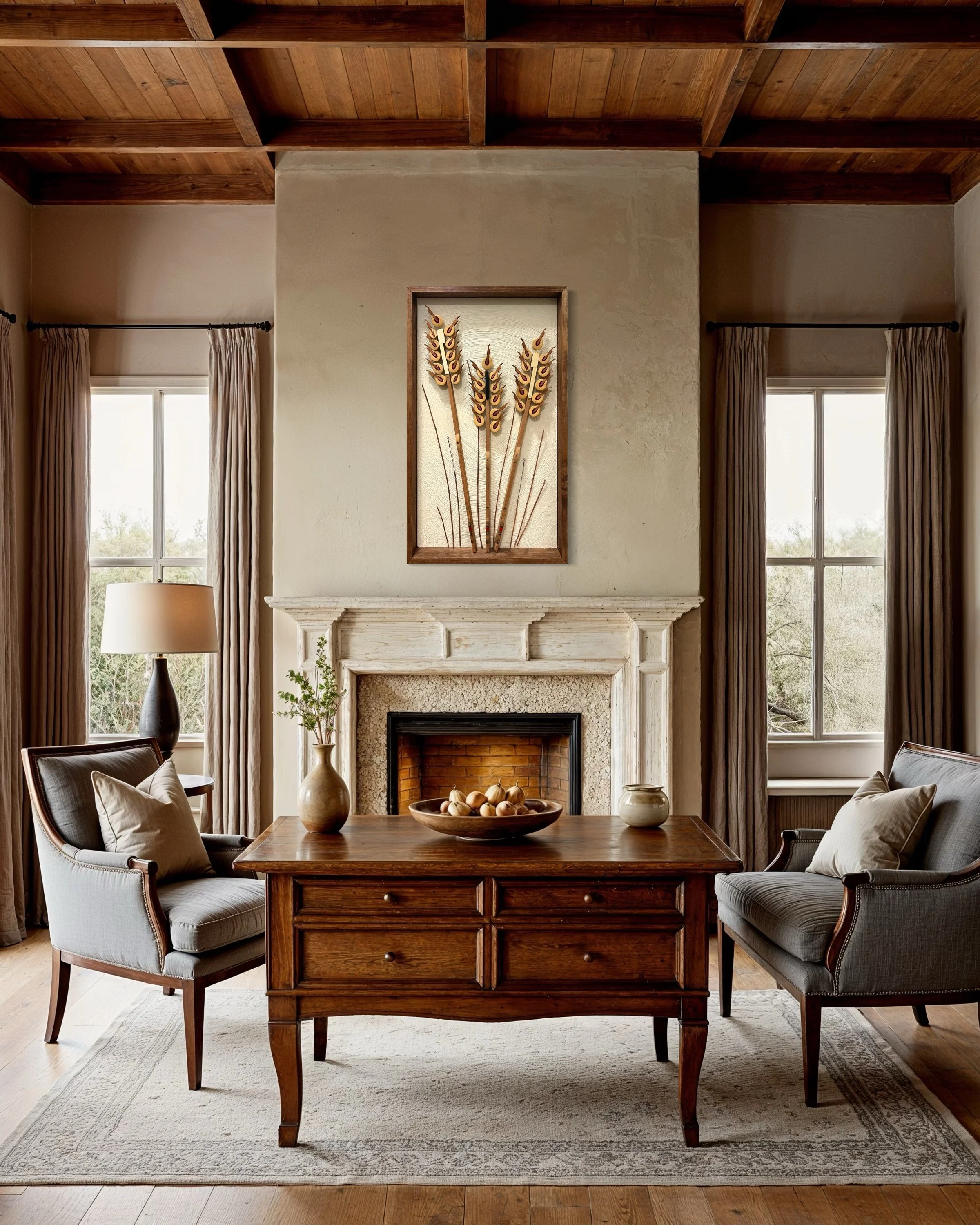 Cozy living rooms need the perfect focal point like this custom art piece of three wheat stalks made of old pianos.