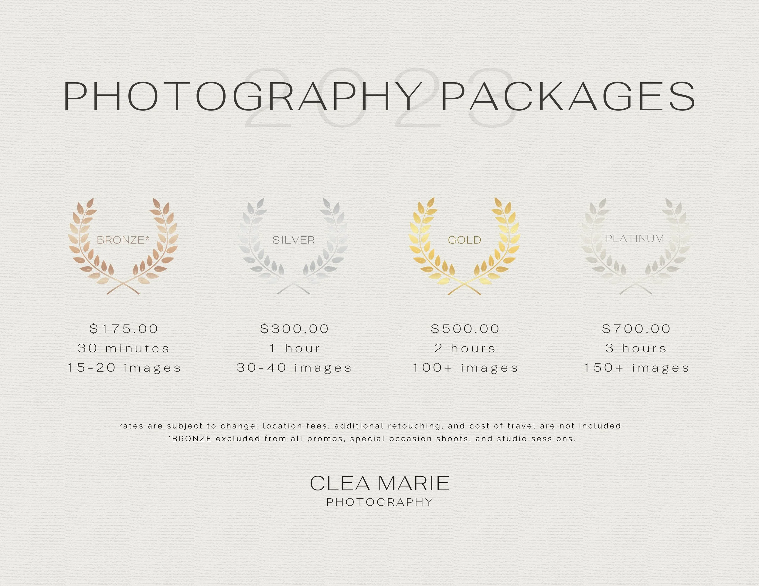 photography packages 2023, various prices ranges, special occasion, studio shoots, promotion