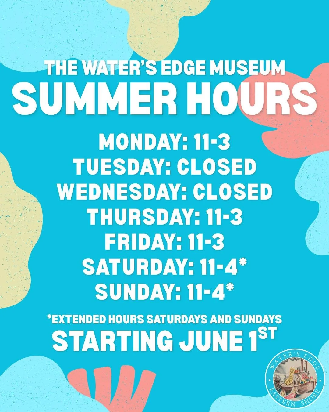 We&rsquo;re excited to share that starting June 1st, Waters Edge Museum will have extended weekend hours!
Join us on Saturdays and Sundays from 11 PM to 4 PM to explore our exhibits, stories, and community space a little longer this summer.
We can&rs